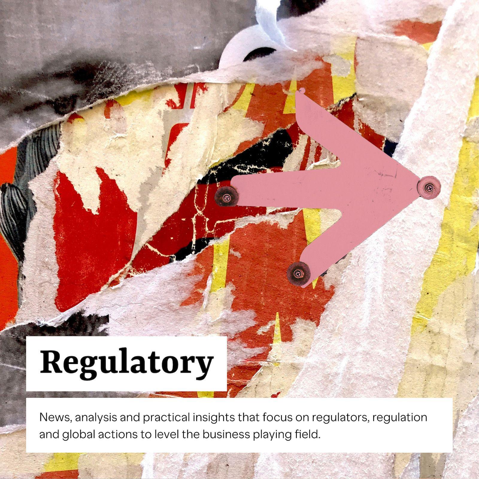 Compliance Corylated "Regulatory" section card over a collage of torn posters with a pink arrow