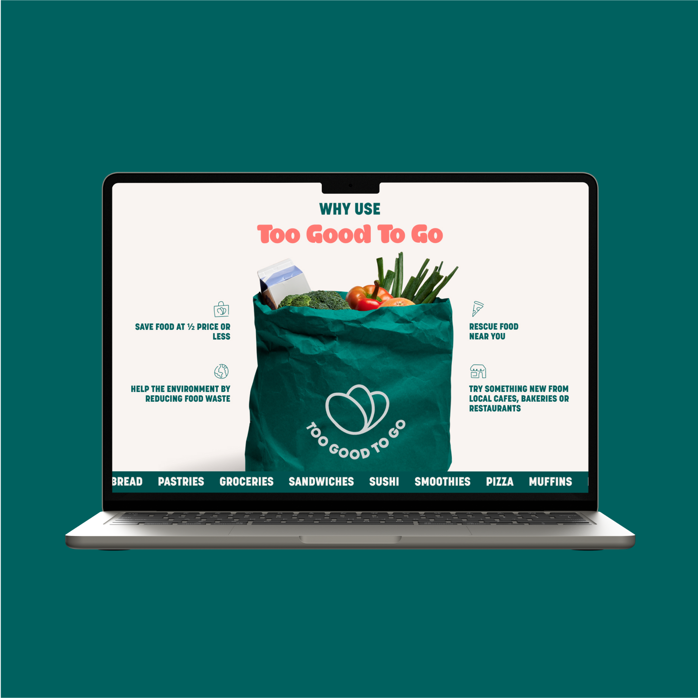 Too Good To Go "Why use Too Good To Go" page on a laptop, with a green bag of groceries and four benefits