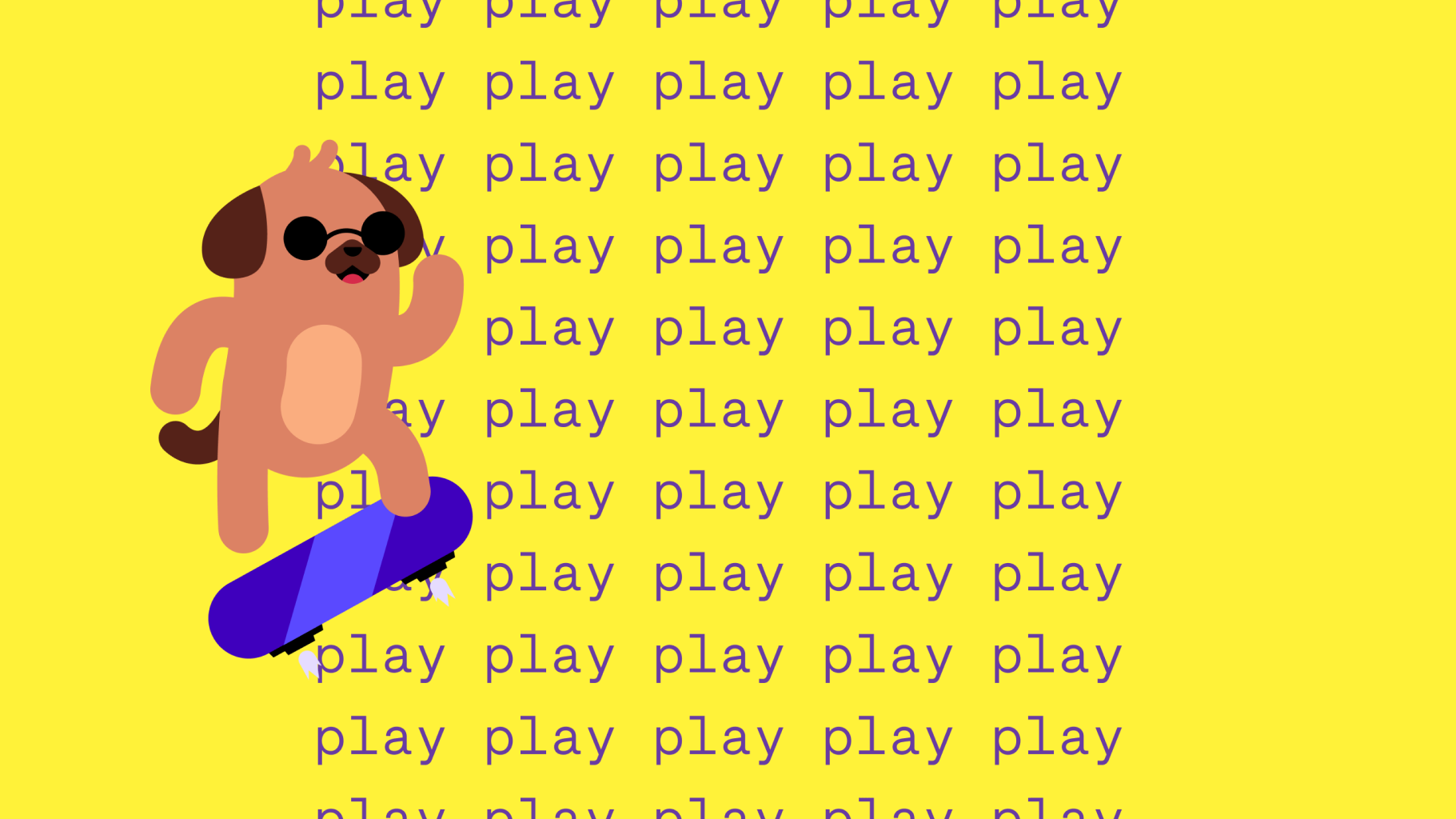 Whirli dog character in sunglasses riding a skateboard over a yellow background repeating the word "play"