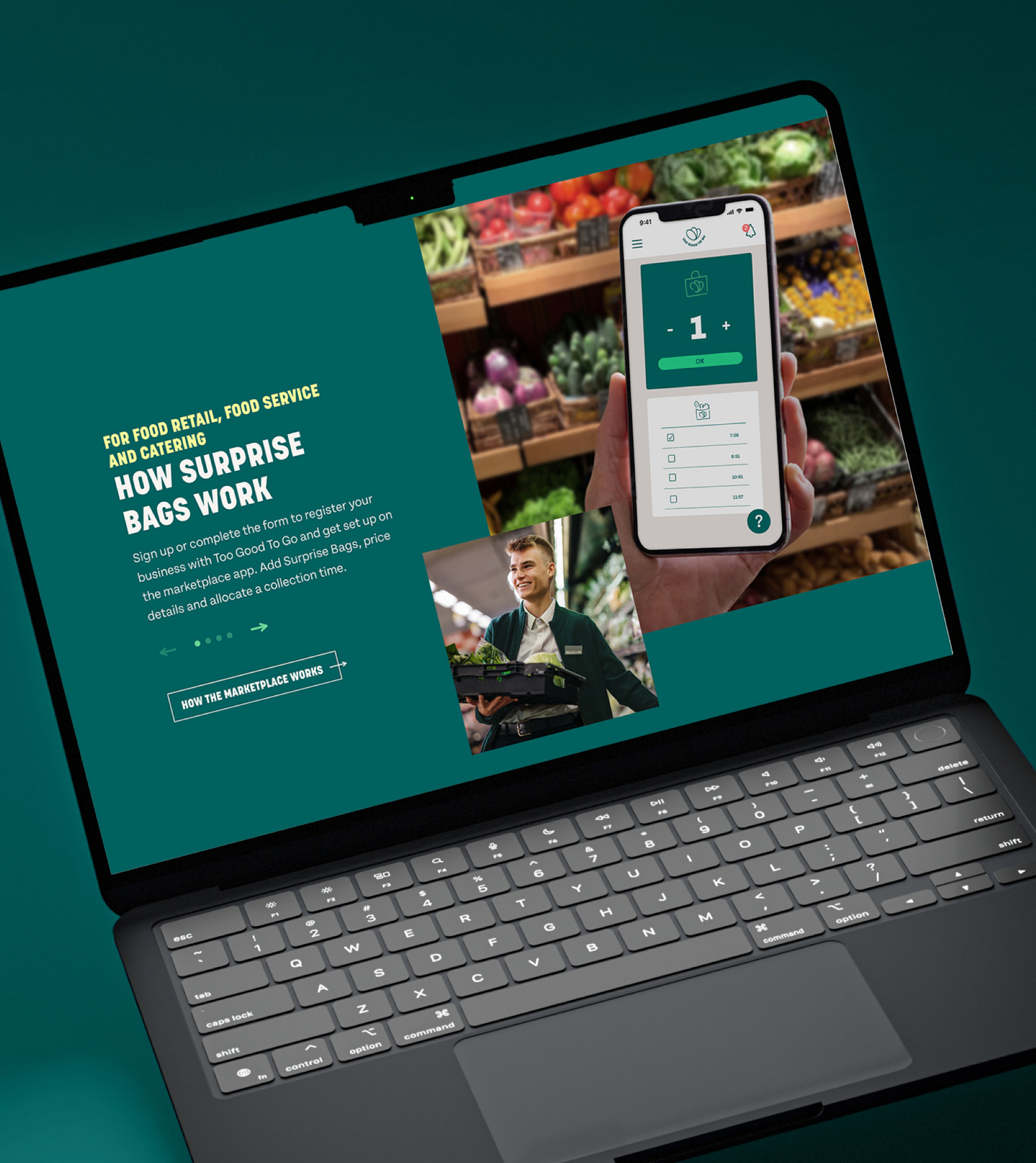 Too Good To Go business site on a laptop, explaining "How Surprise Bags work" beside a phone showing the app