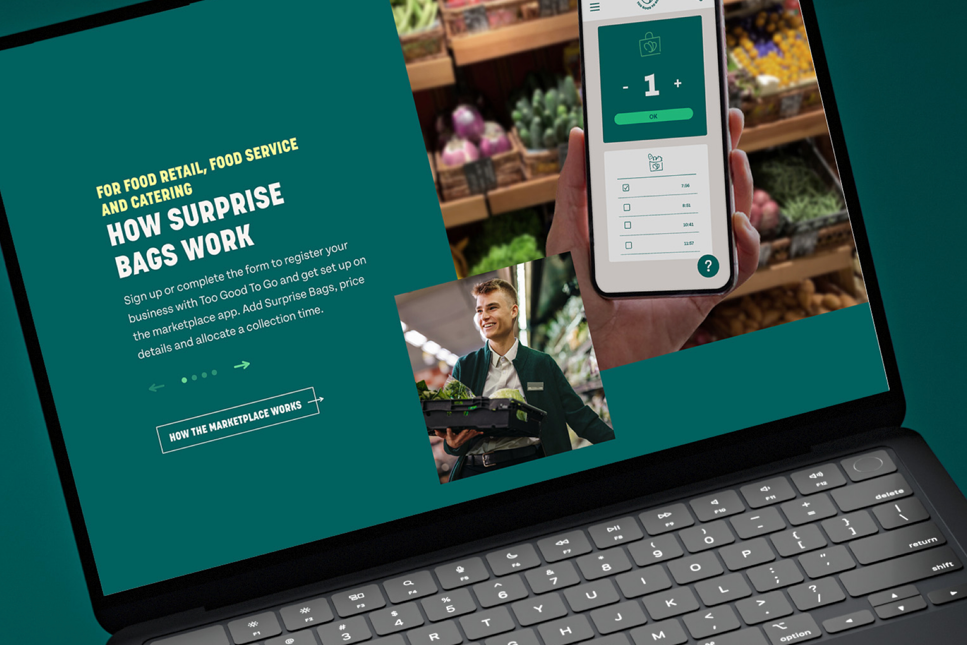 Too Good To Go business site on a laptop, explaining "How Surprise Bags work" beside a phone showing the app