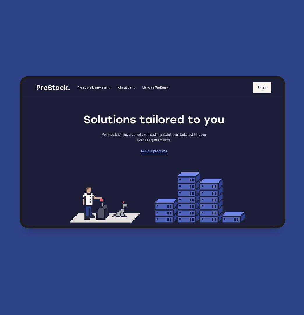 Prostack "Solutions tailored to you" page, with a pixel-art figure at a control desk beside stacks of servers