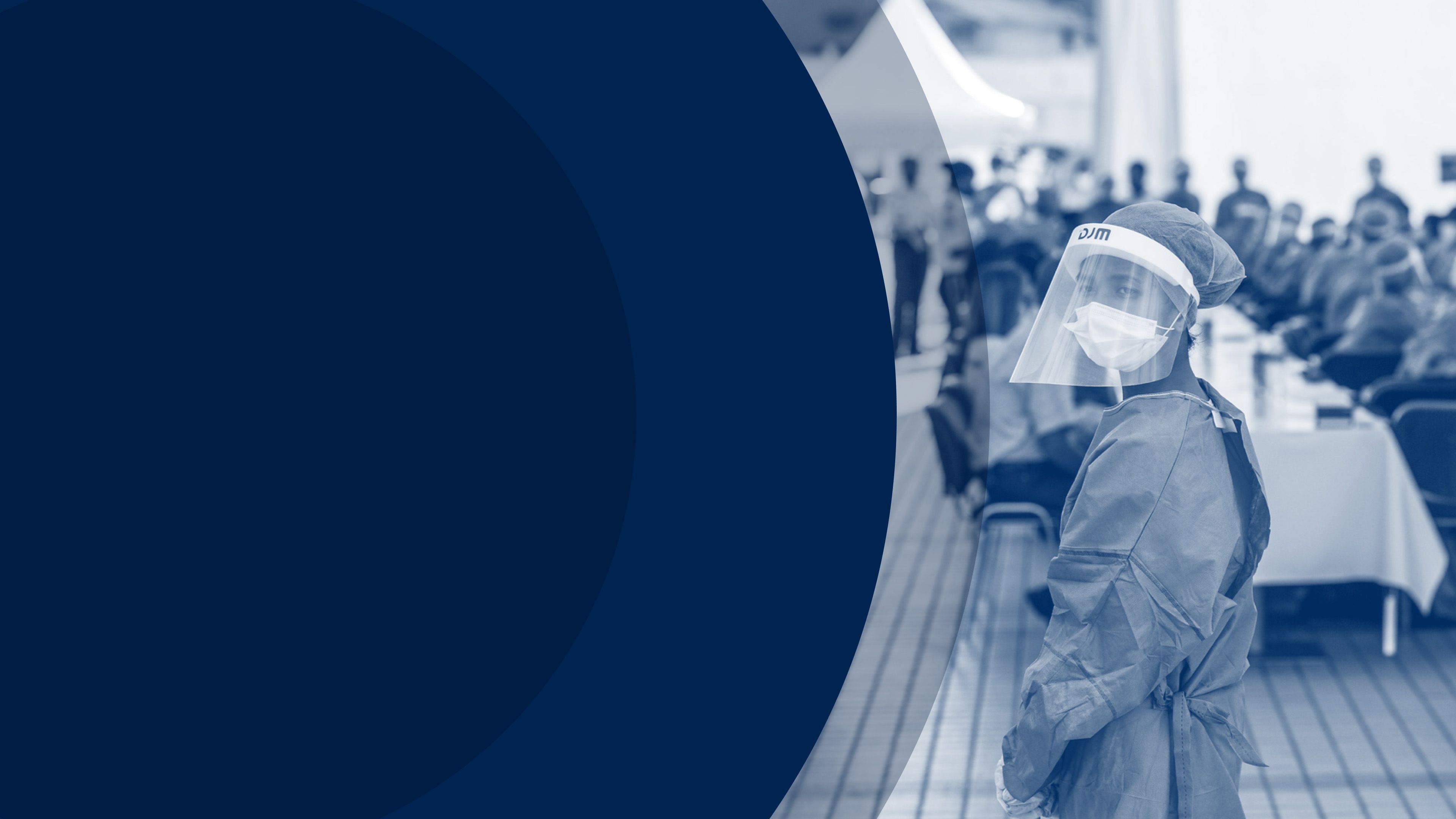 A health worker in a face shield, mask and gown in a crowded hall, tinted blue beside large curved shapes