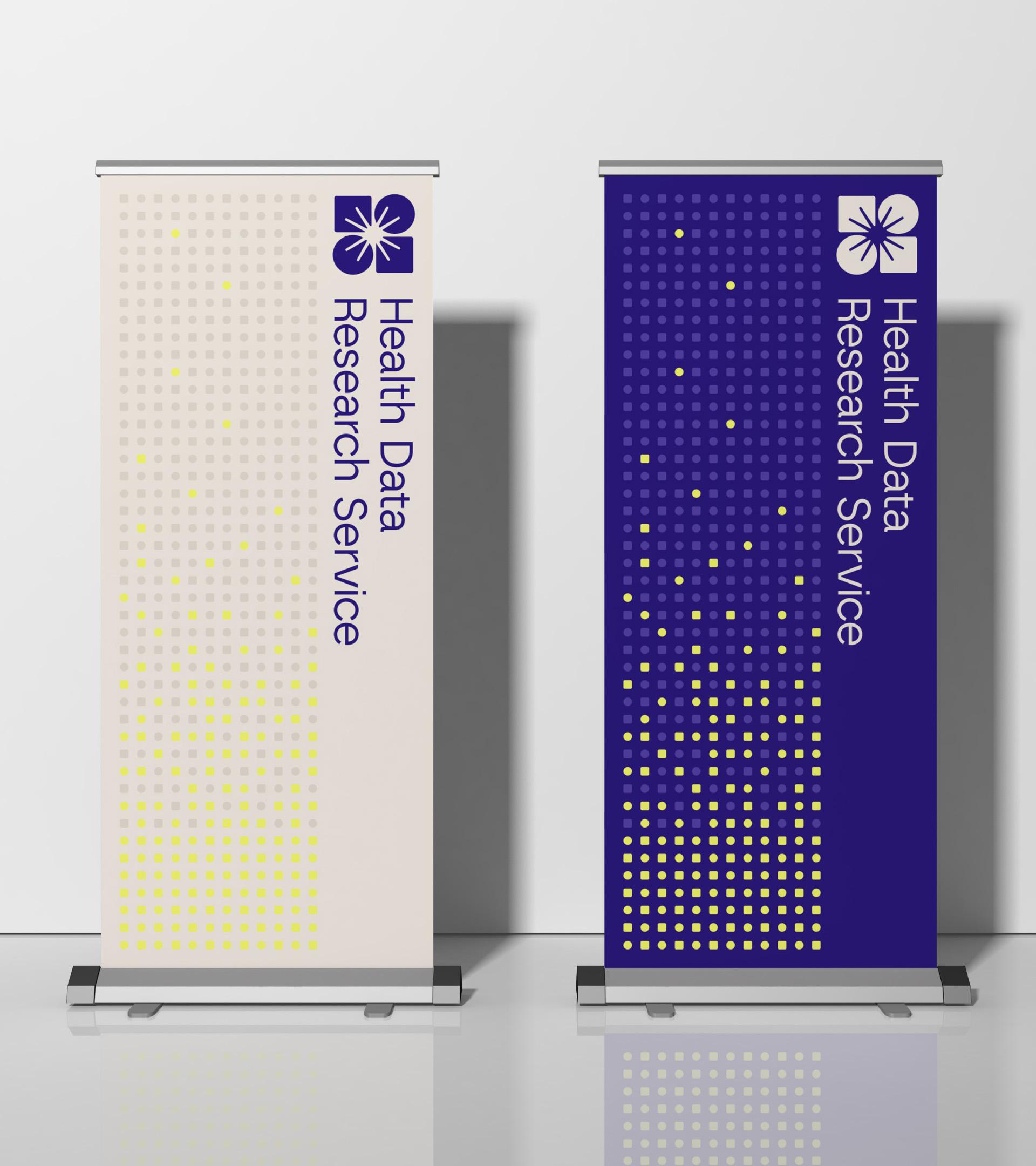 Two Health Data Research Service roller banners, one cream and one purple, with the logo and a dot-grid pattern