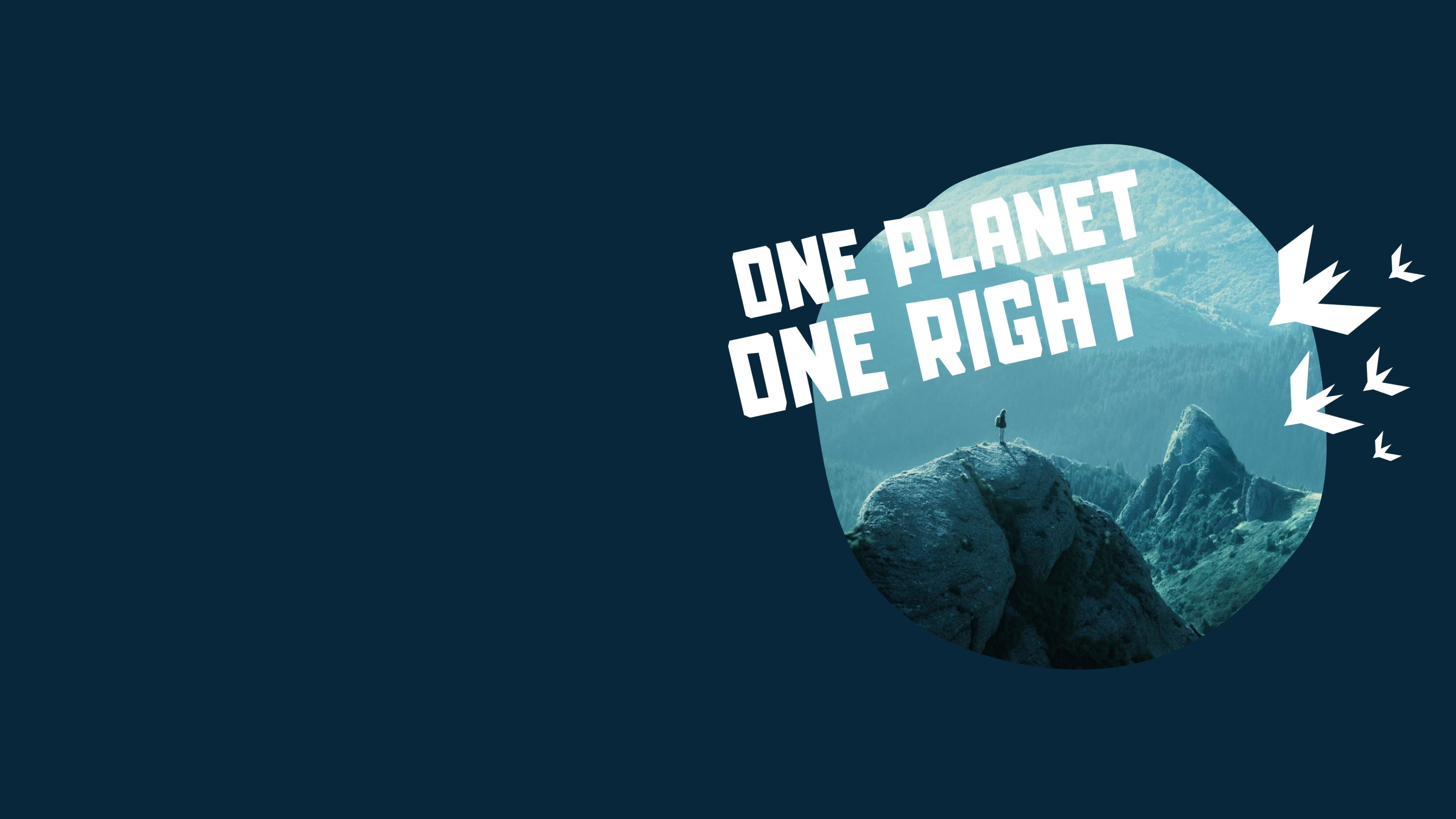 Campaign artwork reading "One Planet One Right" over a person on a mountain peak, with bird shapes in flight