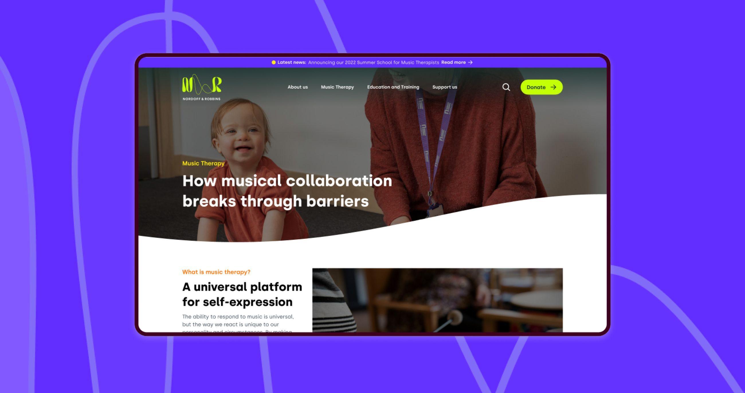 Nordoff and Robbins homepage in a browser, with a smiling child and the headline "How musical collaboration breaks through barriers"