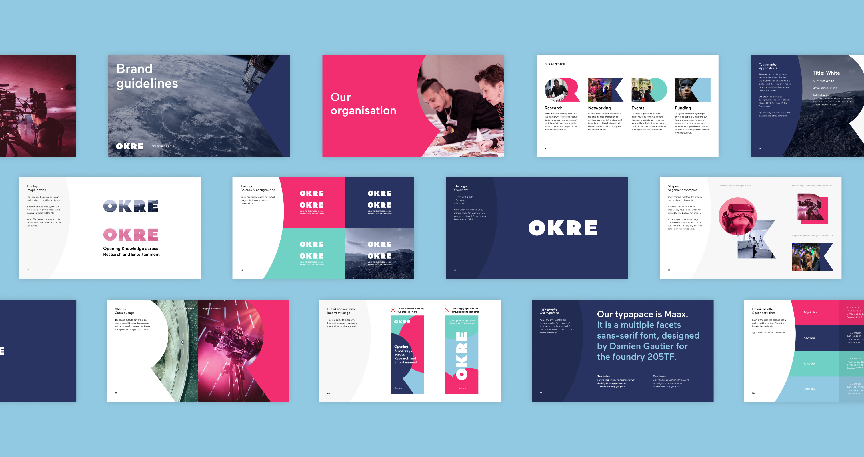 OKRE brand guidelines pages showing the logo, colours, shapes, typography and brand applications