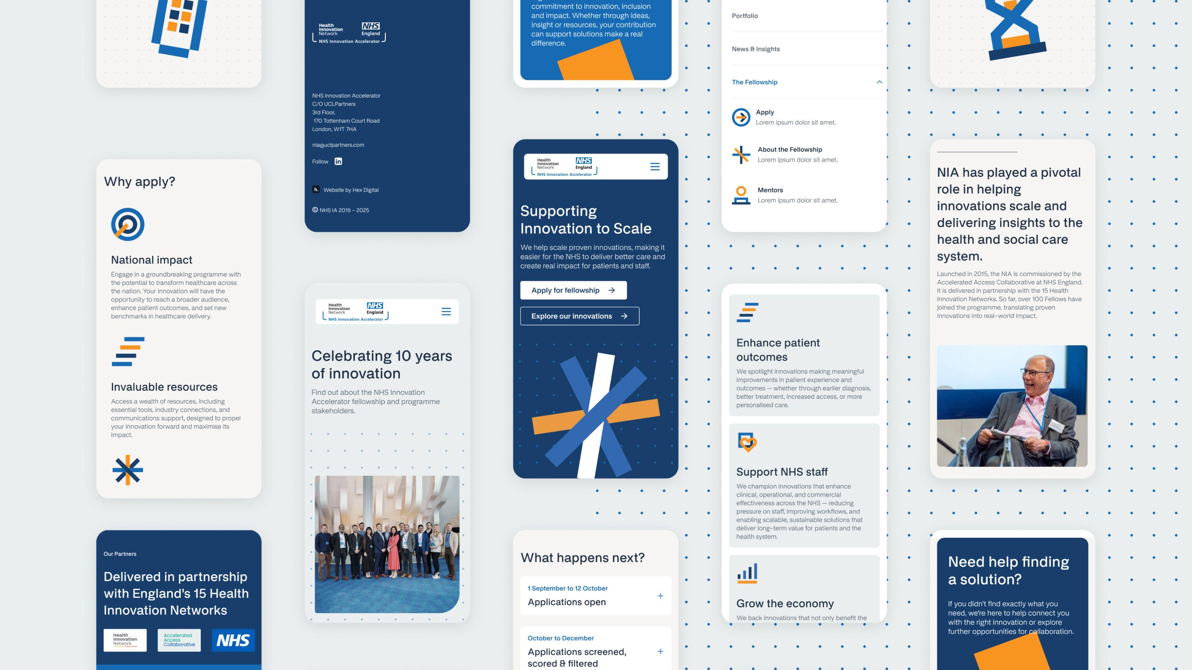 Grid of NHS Innovation Accelerator mobile pages, including "Supporting Innovation to Scale" and "Celebrating 10 years of innovation"
