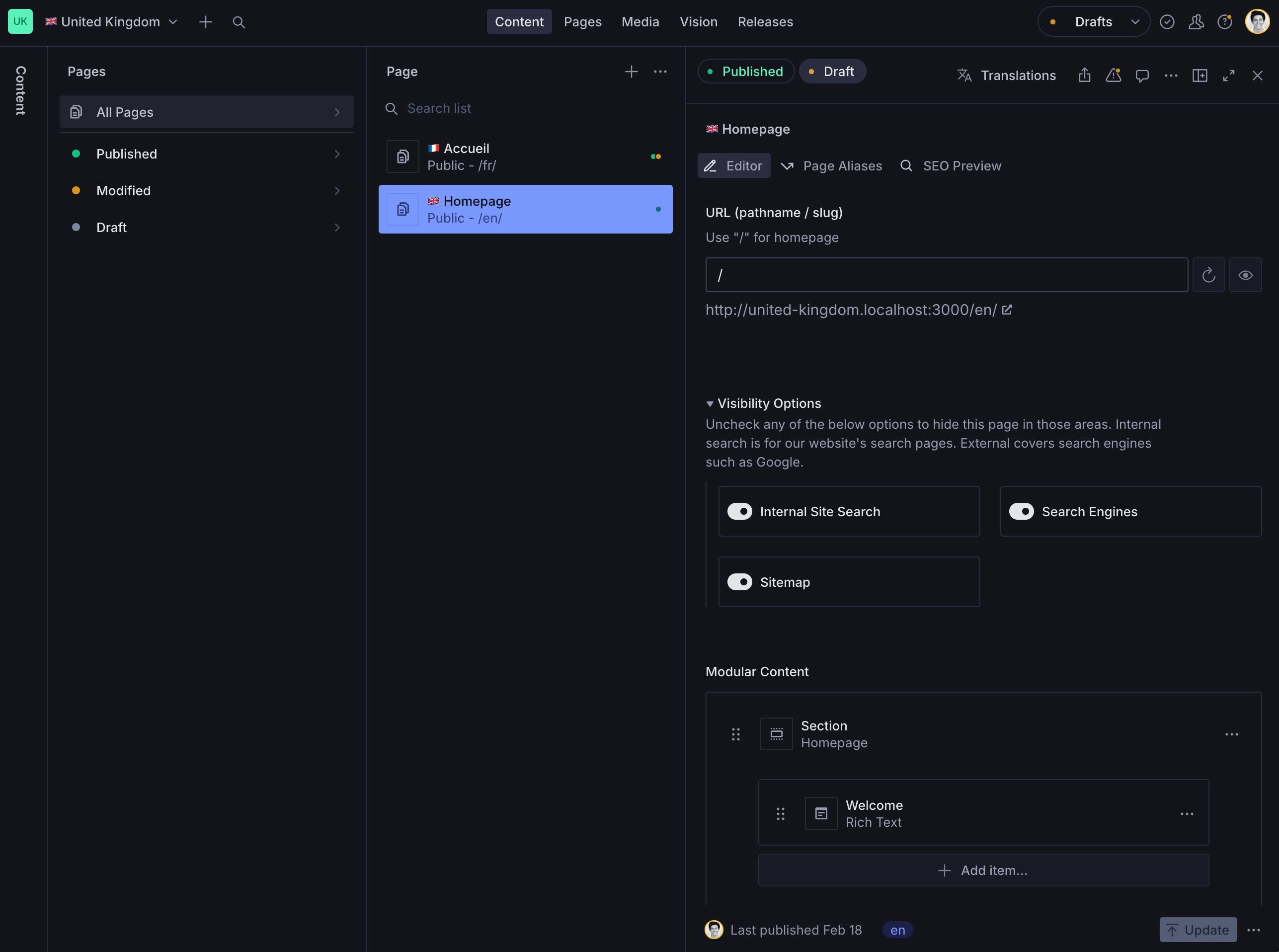 A Lucidity.js Sanity Studio with English and French pages for a United Kingdom site