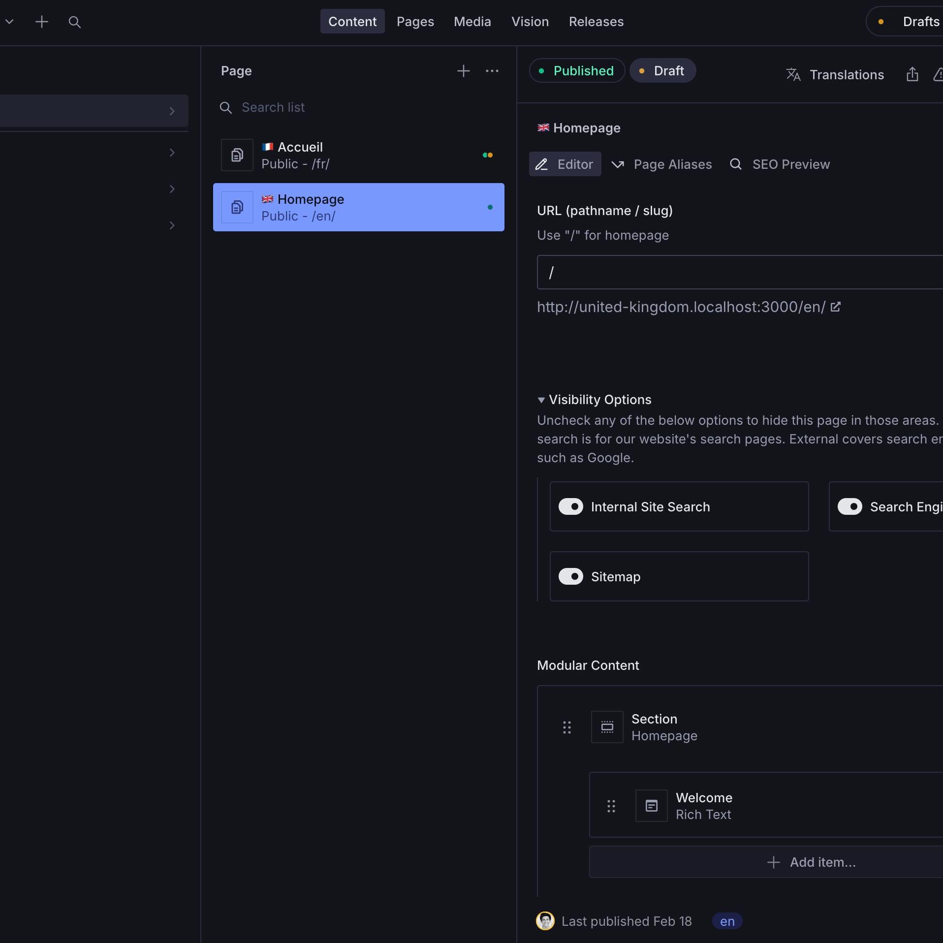 A Lucidity.js Sanity Studio with English and French pages for a United Kingdom site