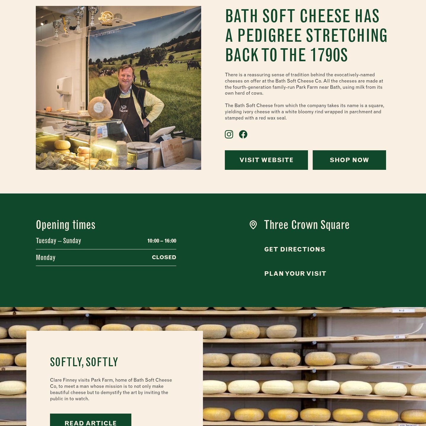 Bath Soft Cheese Co's page: its story, website and shop links, opening times, its place in Three Crown Square, and an article about the farm
