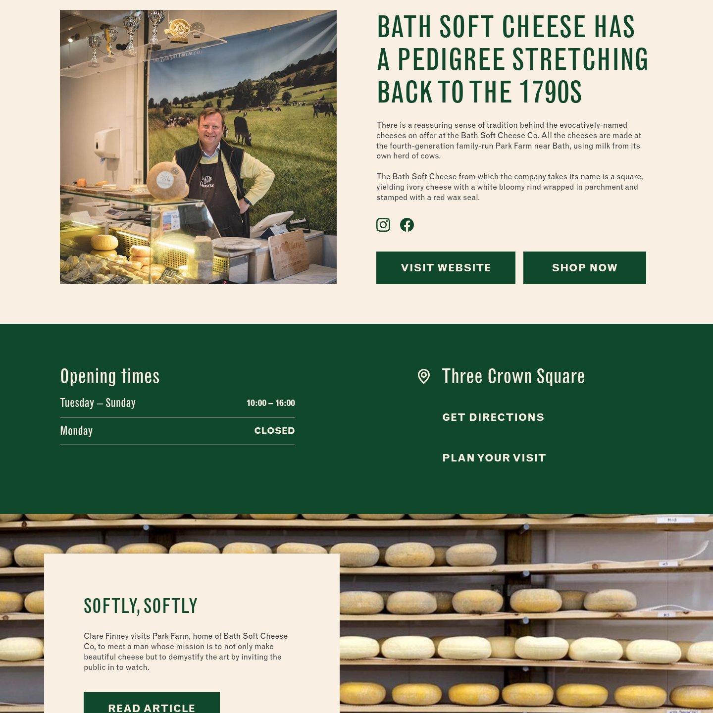 Bath Soft Cheese Co's page: its story, website and shop links, opening times, its place in Three Crown Square, and an article about the farm