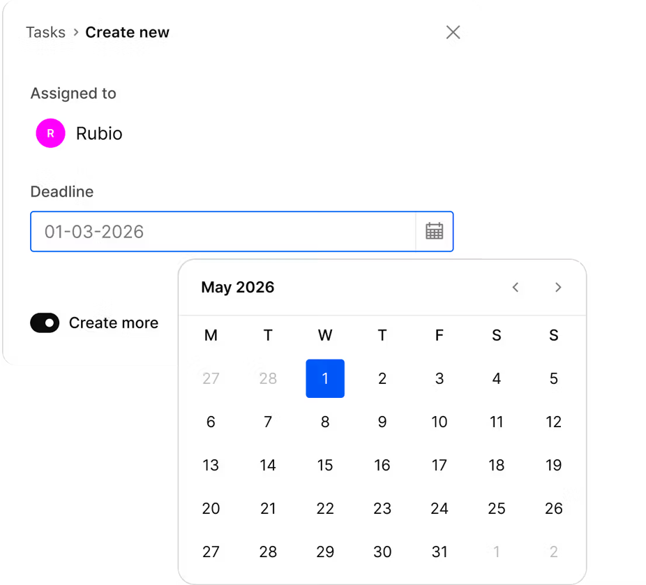 New task form with an assignee and a deadline field, its calendar picker open on May 2026