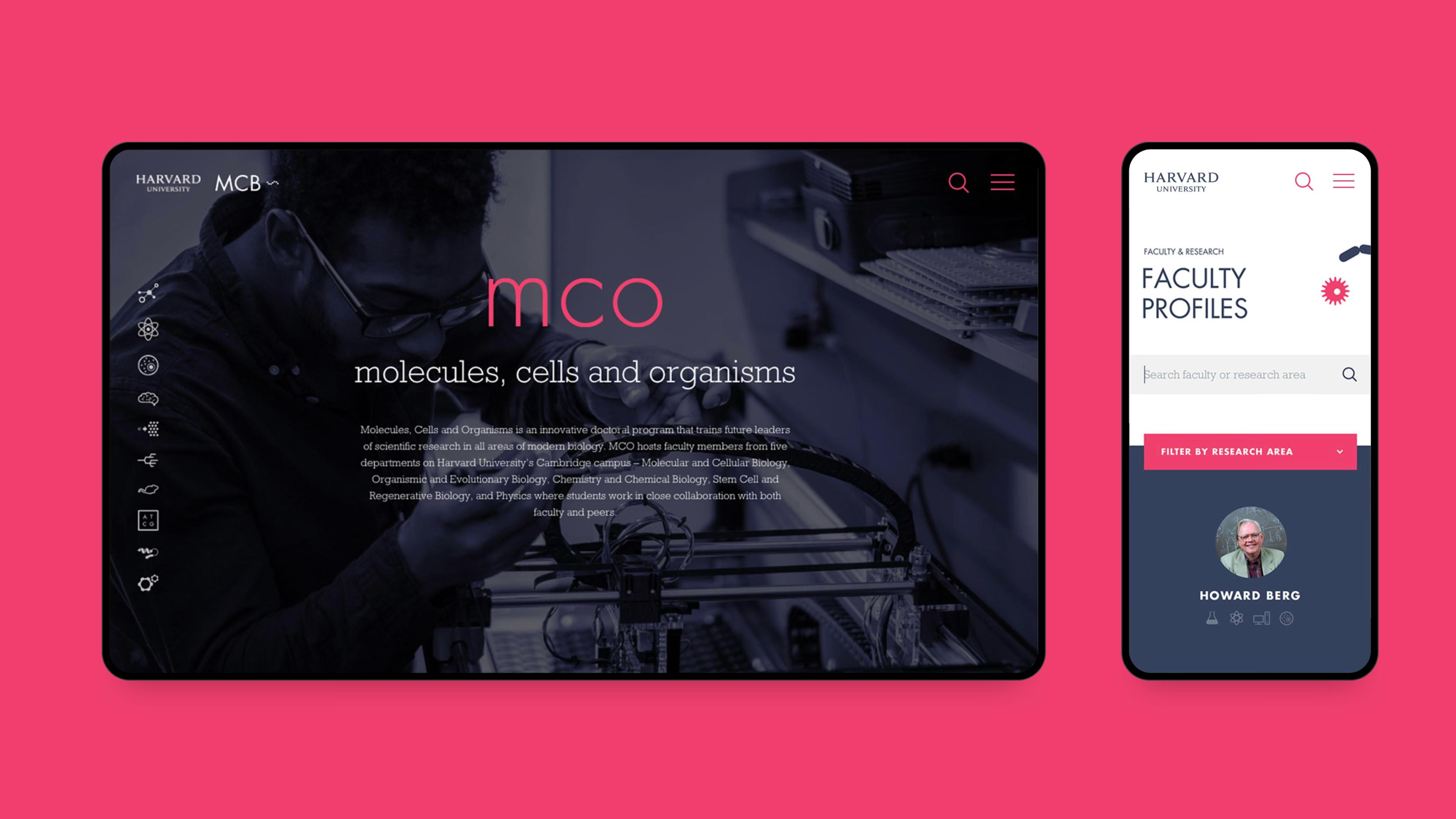 The MCO doctoral programme page on a tablet, beside the faculty profiles search on a phone