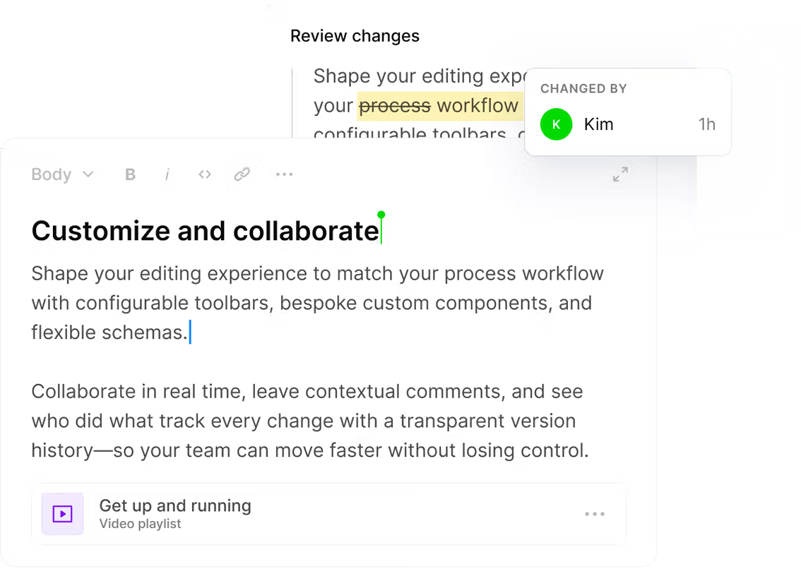 Text editor showing a collaborator's live cursor and a review panel crediting a word change to another editor