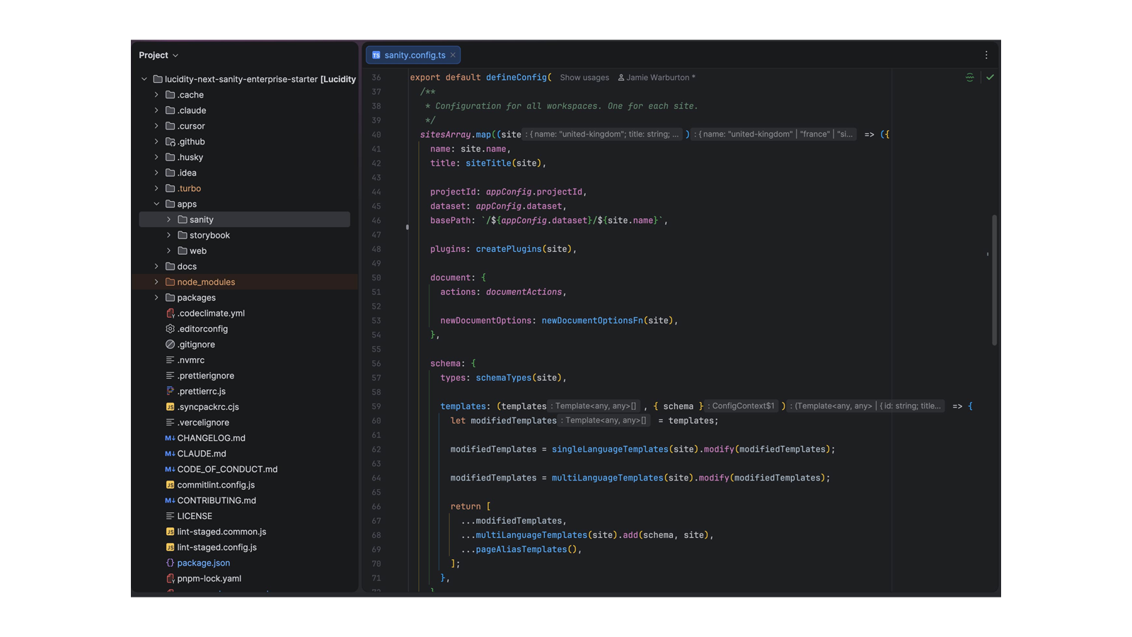 Lucidity starter codebase open in a code editor, showing the project tree and the Sanity config file