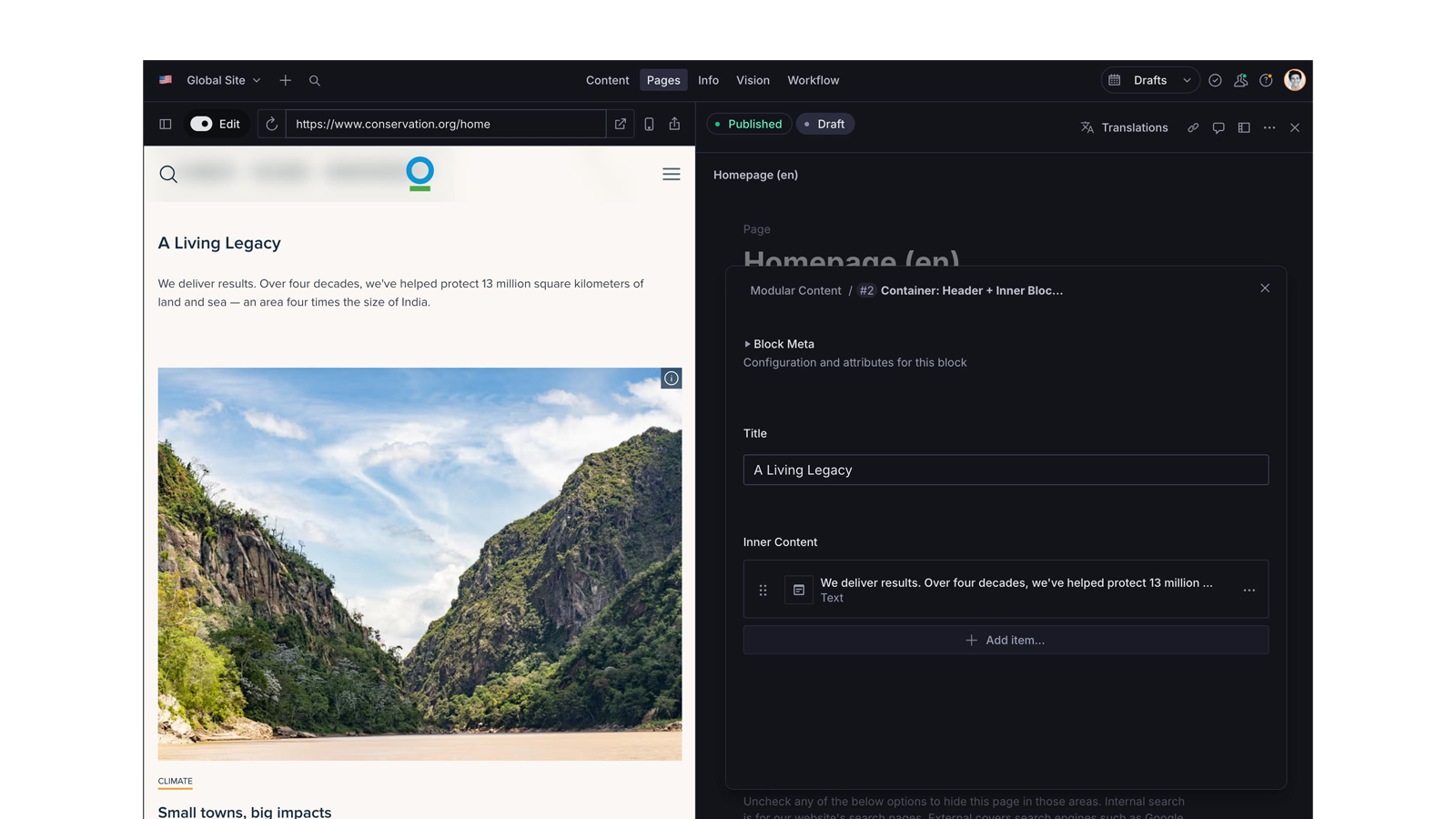 Sanity Studio with a live page preview on the left and the header block's title and inner content fields on the right