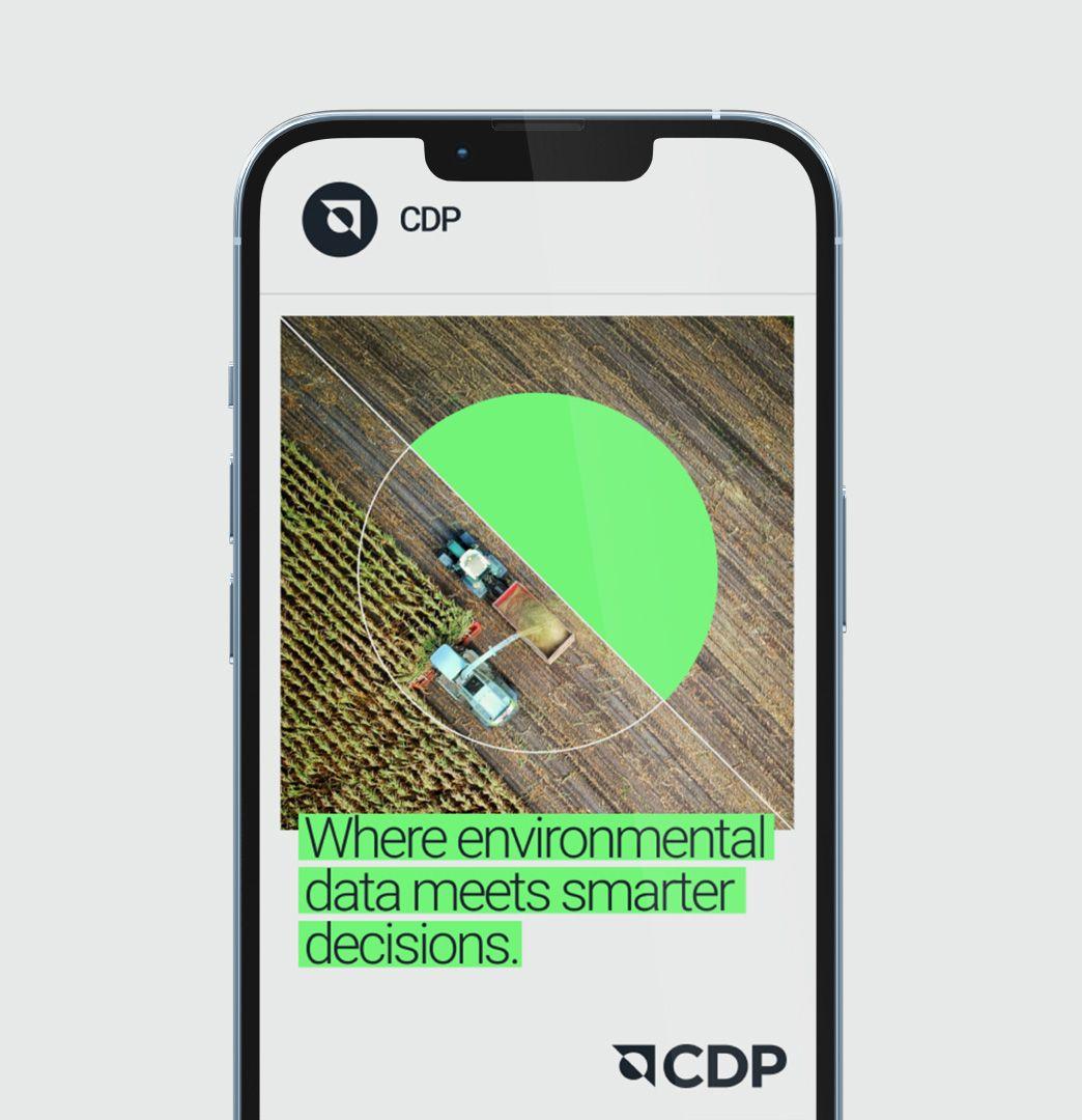 CDP LinkedIn post on a phone: an aerial photo of harvesters with a green circle and "Where environmental data meets smarter decisions."