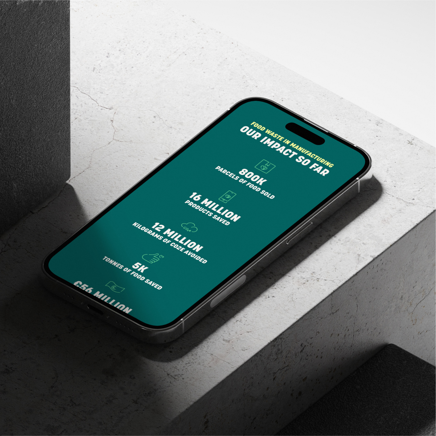 Phone on concrete showing Too Good To Go's manufacturing impact figures, such as "16 million" products saved
