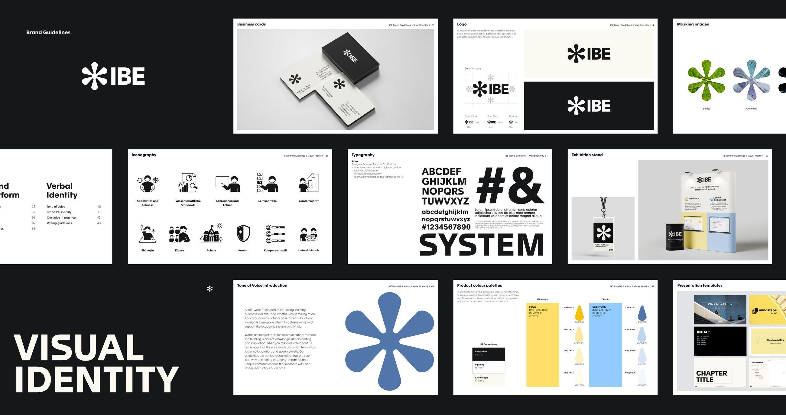 IBE brand guidelines pages covering logo, icons, typography, colour palettes, business cards, an exhibition stand and slides