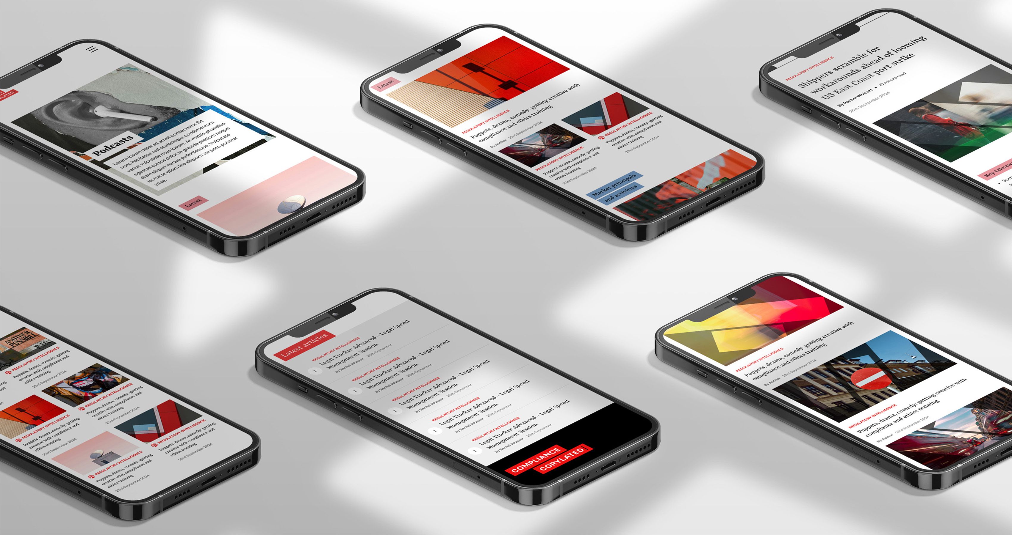 Six phones laid out showing Compliance Corylated's news site, with articles, podcasts and latest stories