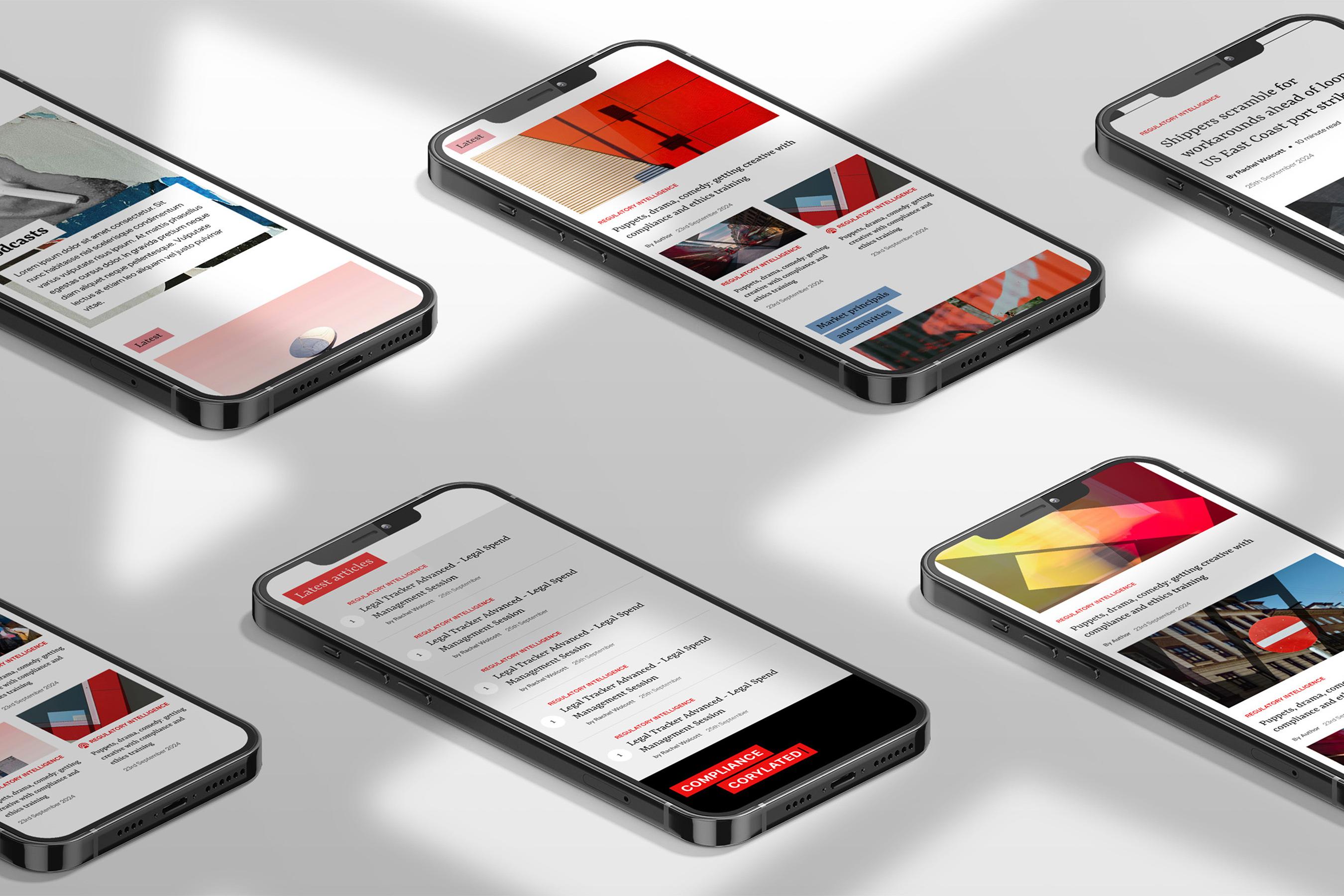 Six phones laid out showing Compliance Corylated's news site, with articles, podcasts and latest stories