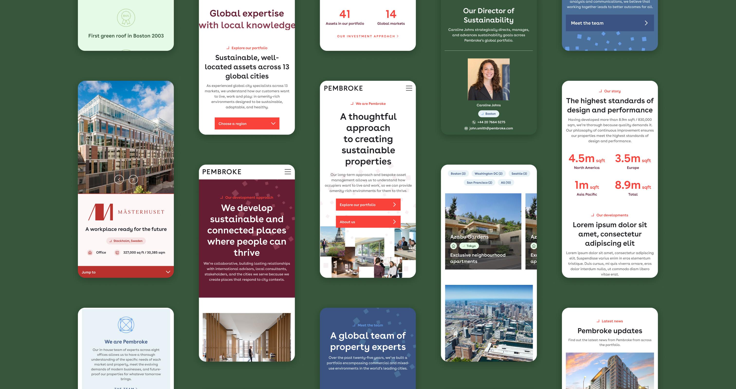 Grid of Pembroke mobile pages, including "A thoughtful approach to creating sustainable properties" and portfolio statistics