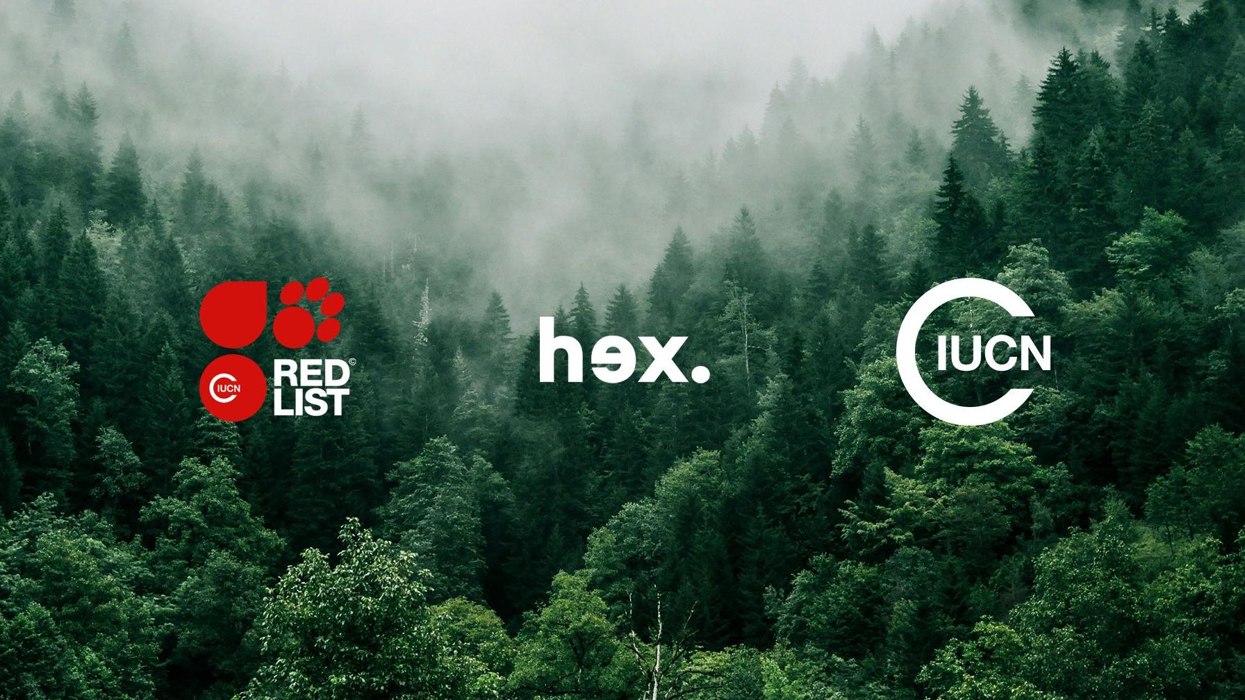 IUCN Red List, Hex and IUCN logos over a misty pine forest