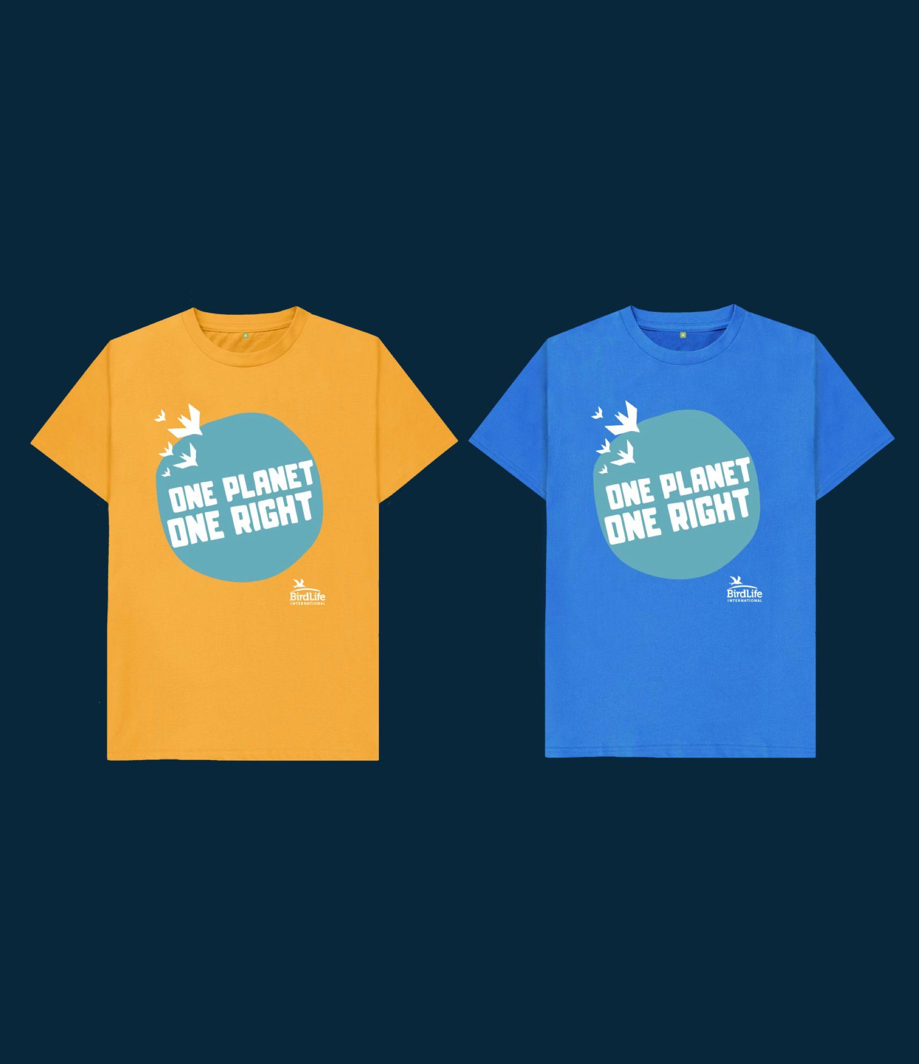Yellow and blue T-shirts printed with "One Planet One Right" and the BirdLife International logo