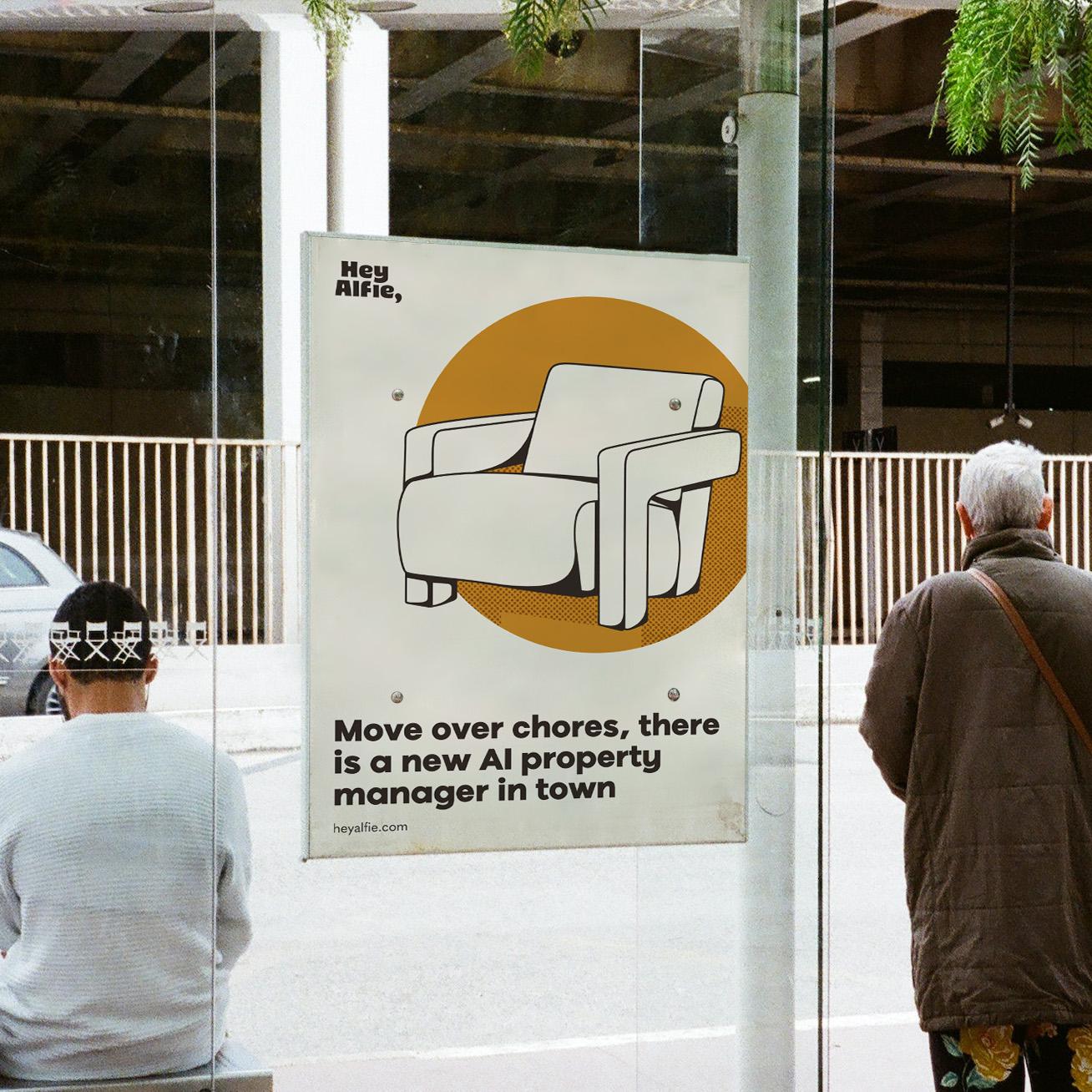 Hey Alfie poster at a bus stop with an armchair illustration and the line "Move over chores, there is a new AI property manager in town"