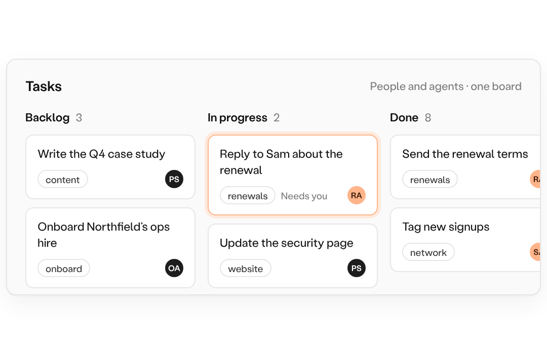 A task board shared by people and agents, with one task waiting on a person.