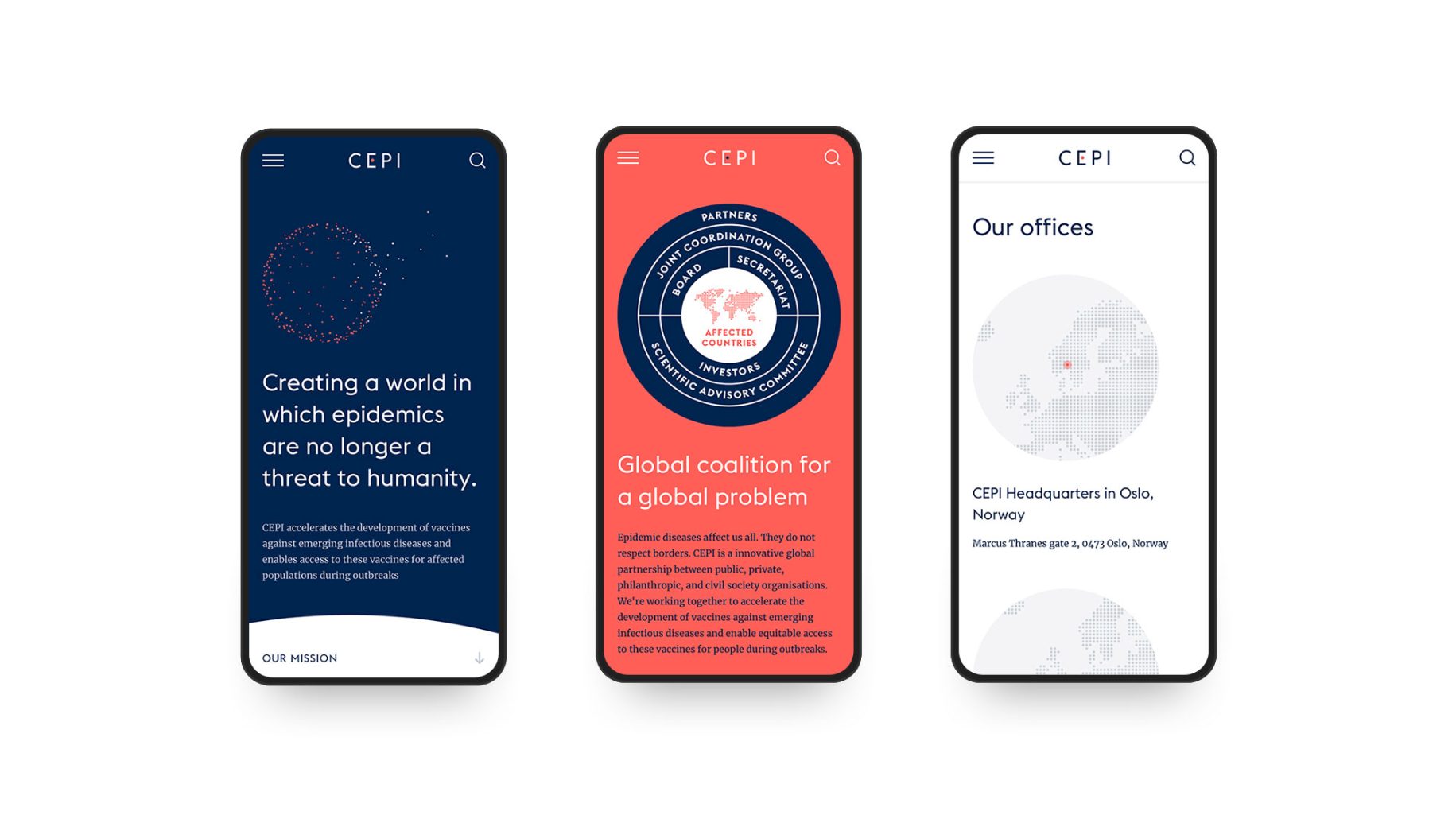 Three phones showing CEPI mobile pages: the mission statement, a "Global coalition for a global problem" diagram and office locations