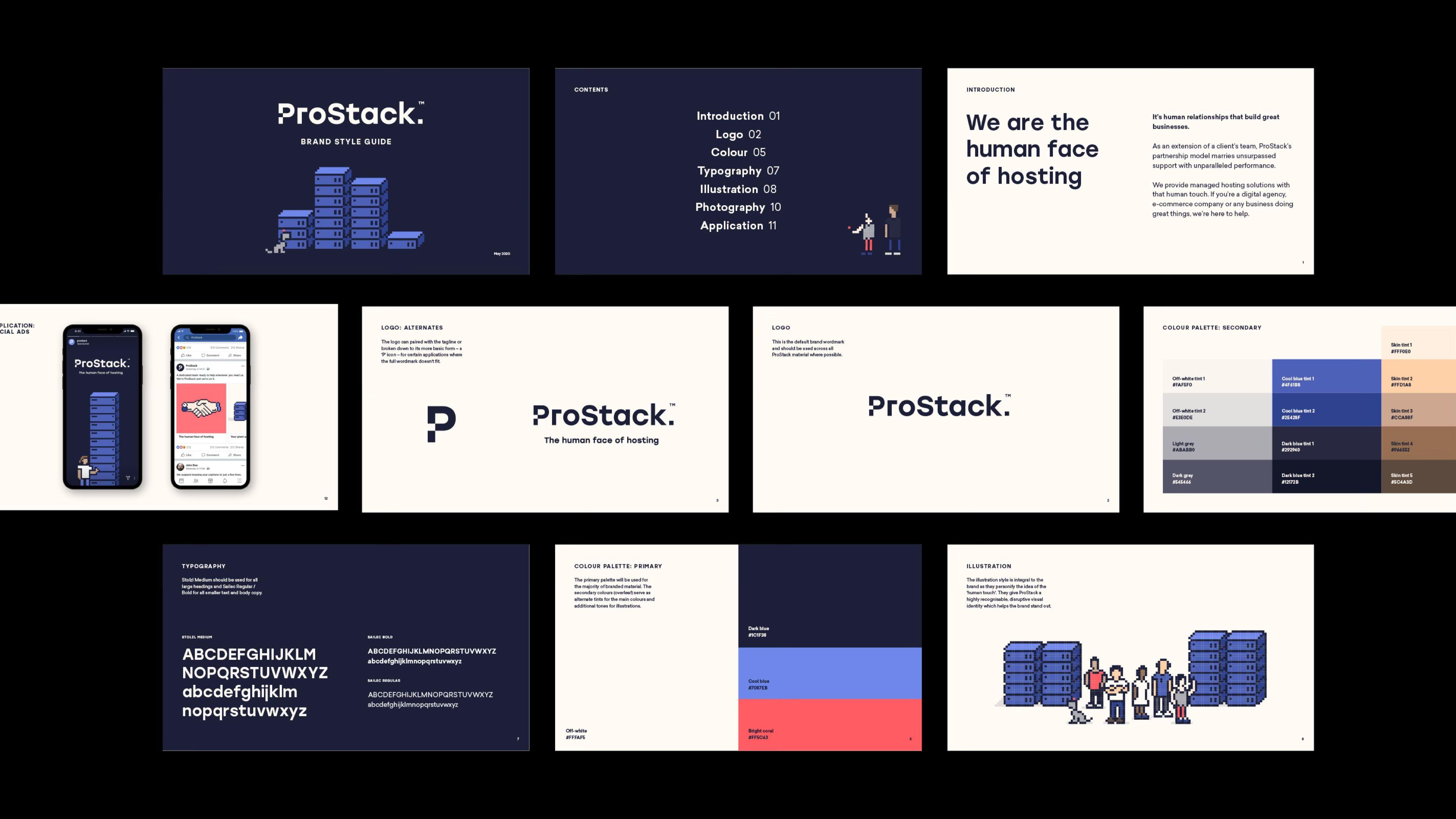 Prostack brand style guide pages covering logo, colour palette, typography and 8-bit pixel-art illustrations