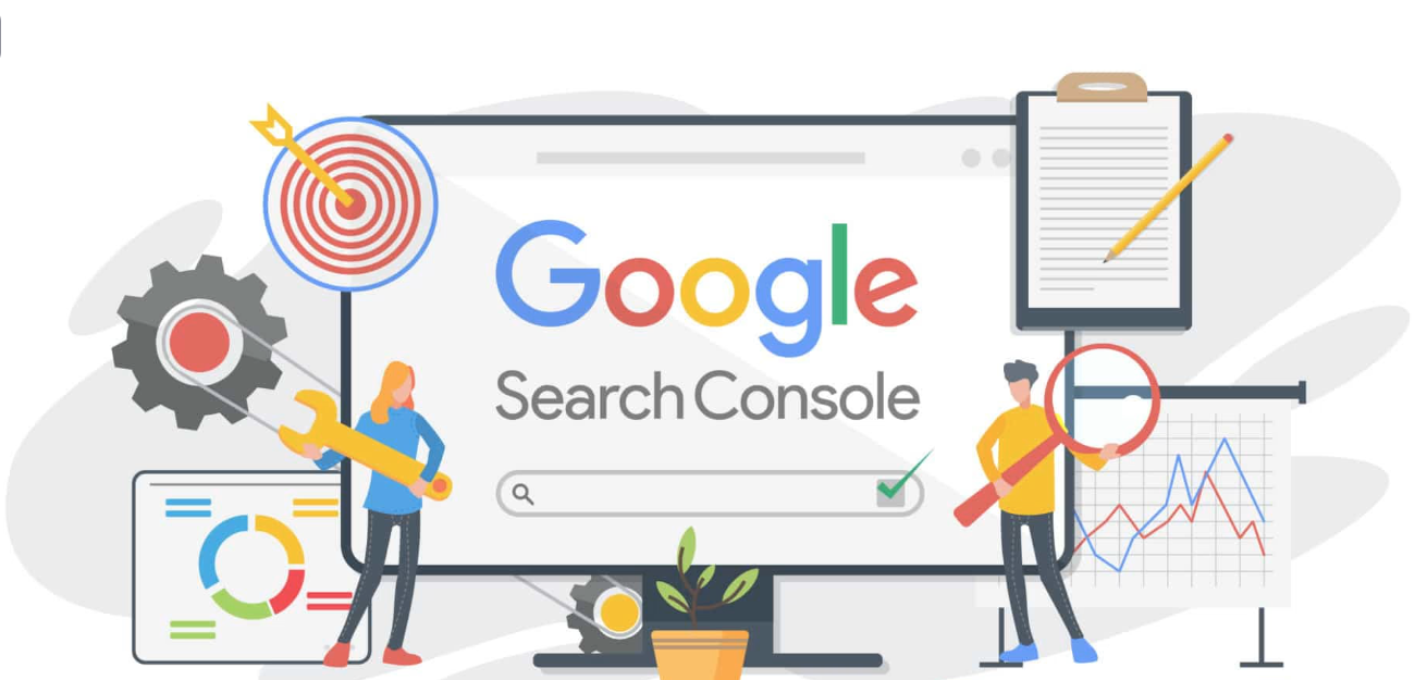 Google Search Console illustration showing SEO charts and optimization tools