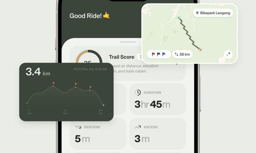 RIDR ride summary screen showing trail score, ride stats, and a route map