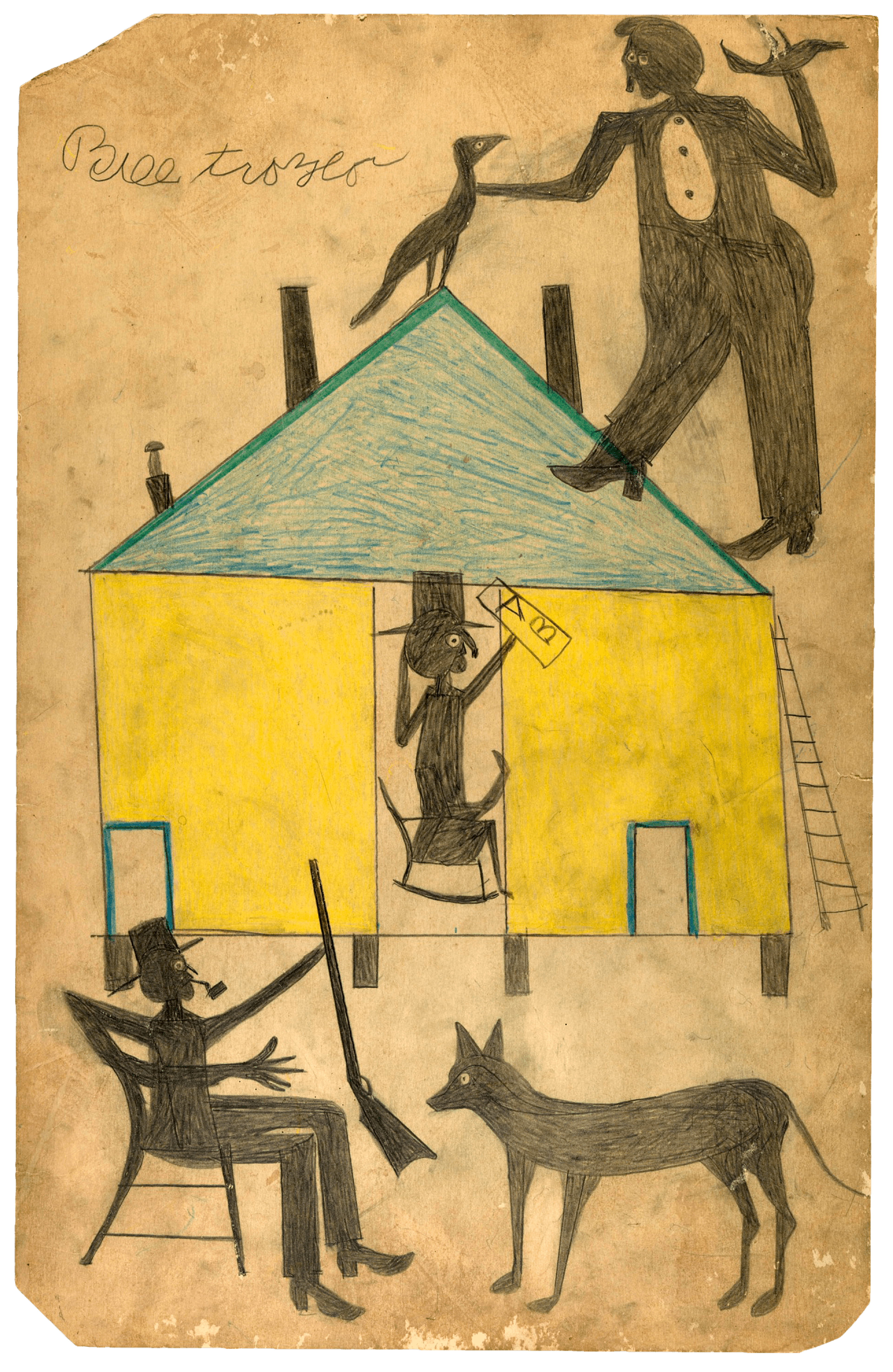 Untitled (Yellow and Blue House with Figures and Dog)