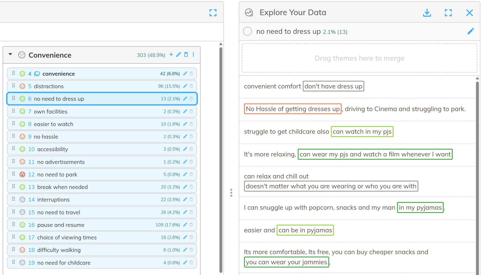 Codeit codeframe refinement screenshot showing a theme's codes with counts and the Explore Your Data panel highlighting matching verbatims