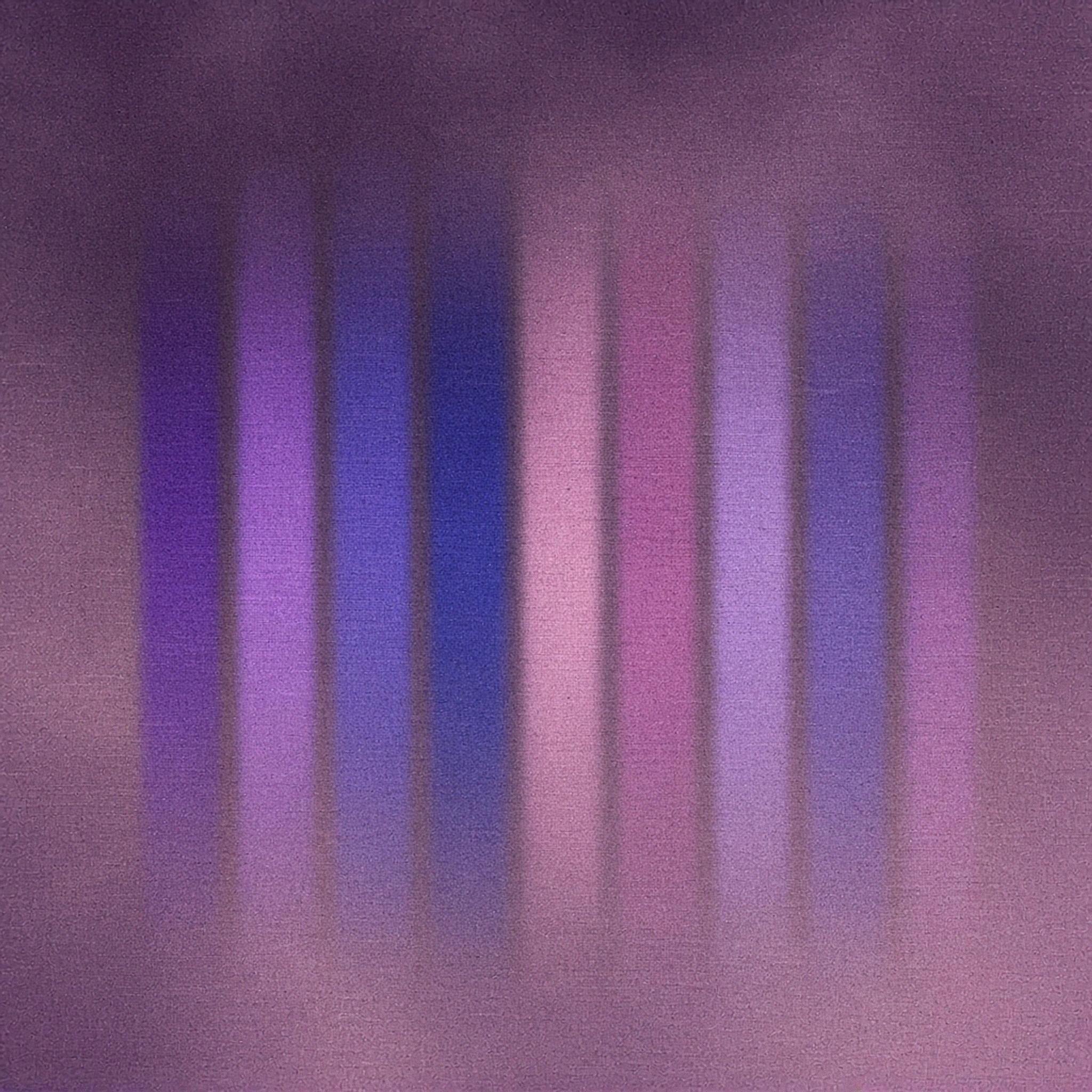 Abstract cover art: nine soft violet and ultramarine columns of light of equal width but unequal brightness, measuring text analysis tools on one scale.