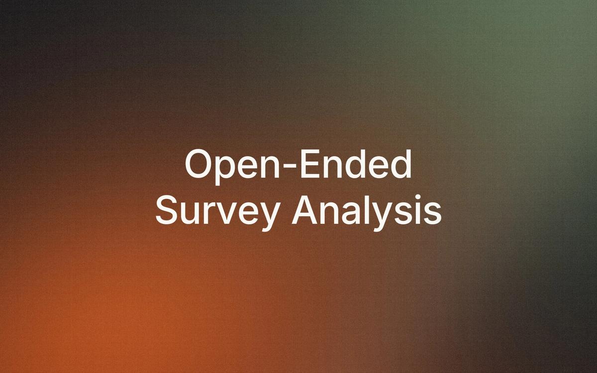 Abstract cover art: a grainy, woven-textured field of charcoal warming to burnt orange at the lower left and muted green at the upper right, with the words “Open-Ended Survey Analysis” in white.