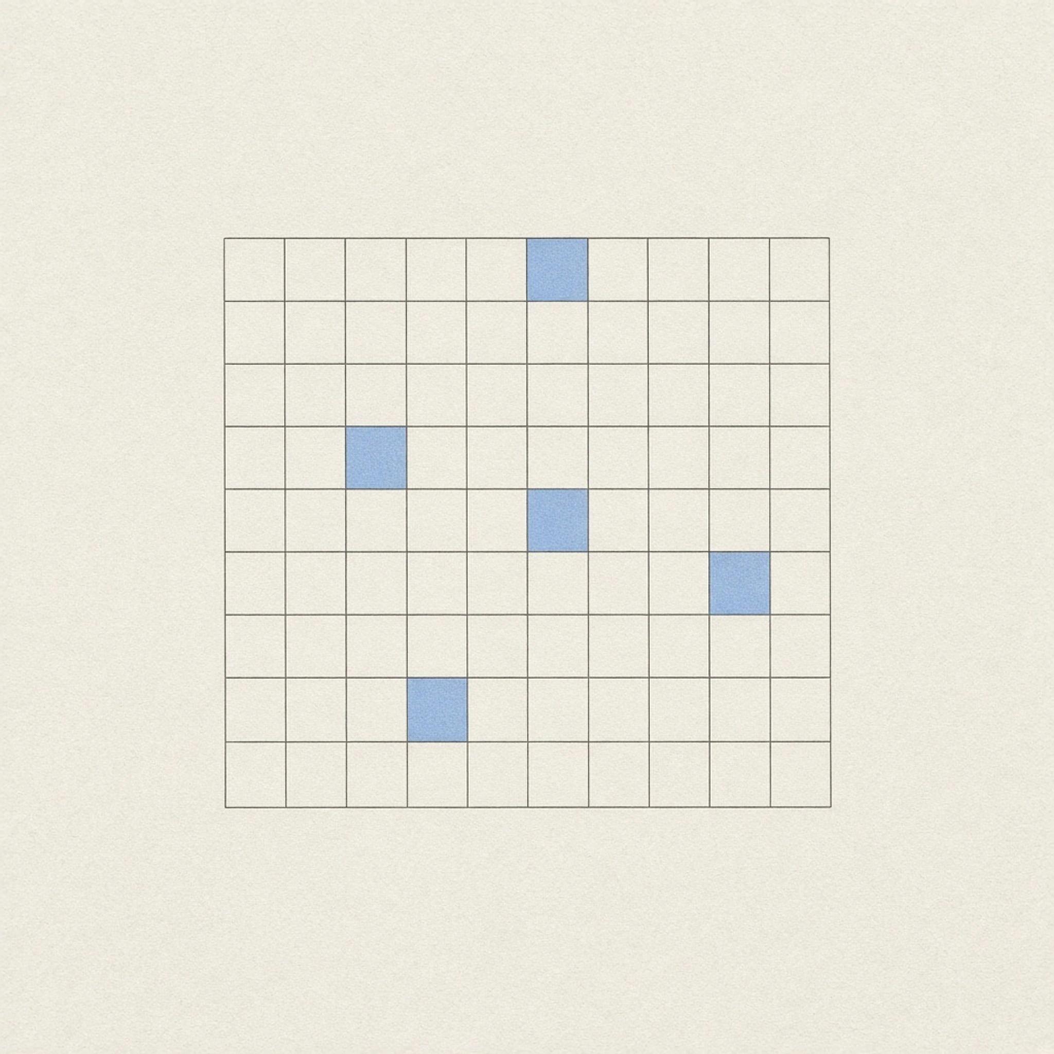 Abstract cover art: a large exact graphite grid of cells in which only five or six are lit brighter, as a cross-tab surfacing its significant results.