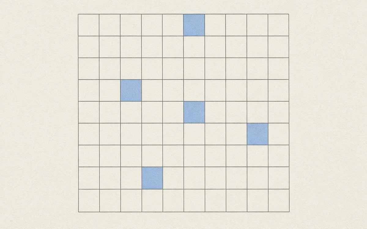 Abstract cover art: a large exact graphite grid of cells in which only five or six are lit brighter, as a cross-tab surfacing its significant results.