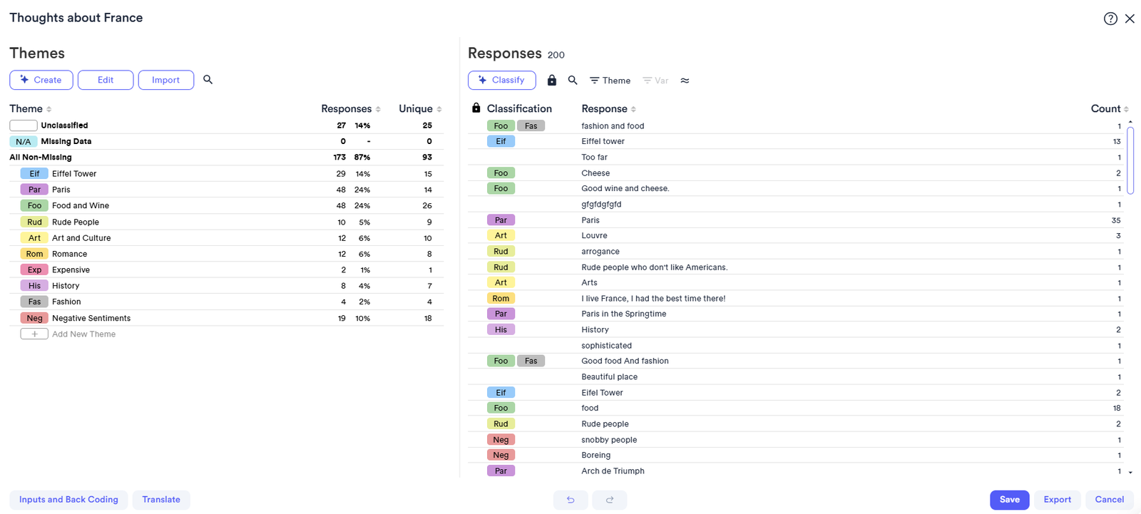 Displayr Text Categorization screenshot showing AI-created themes with response counts beside open-ended responses tagged by theme