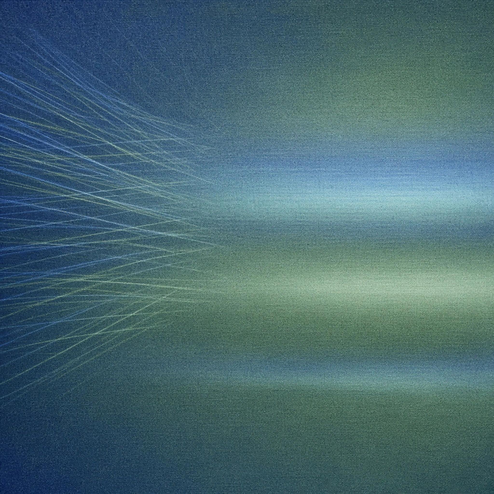Abstract cover art: fine cobalt and moss strokes entering from the left and converging into three calm bands of light, as scattered open-ends become themes.