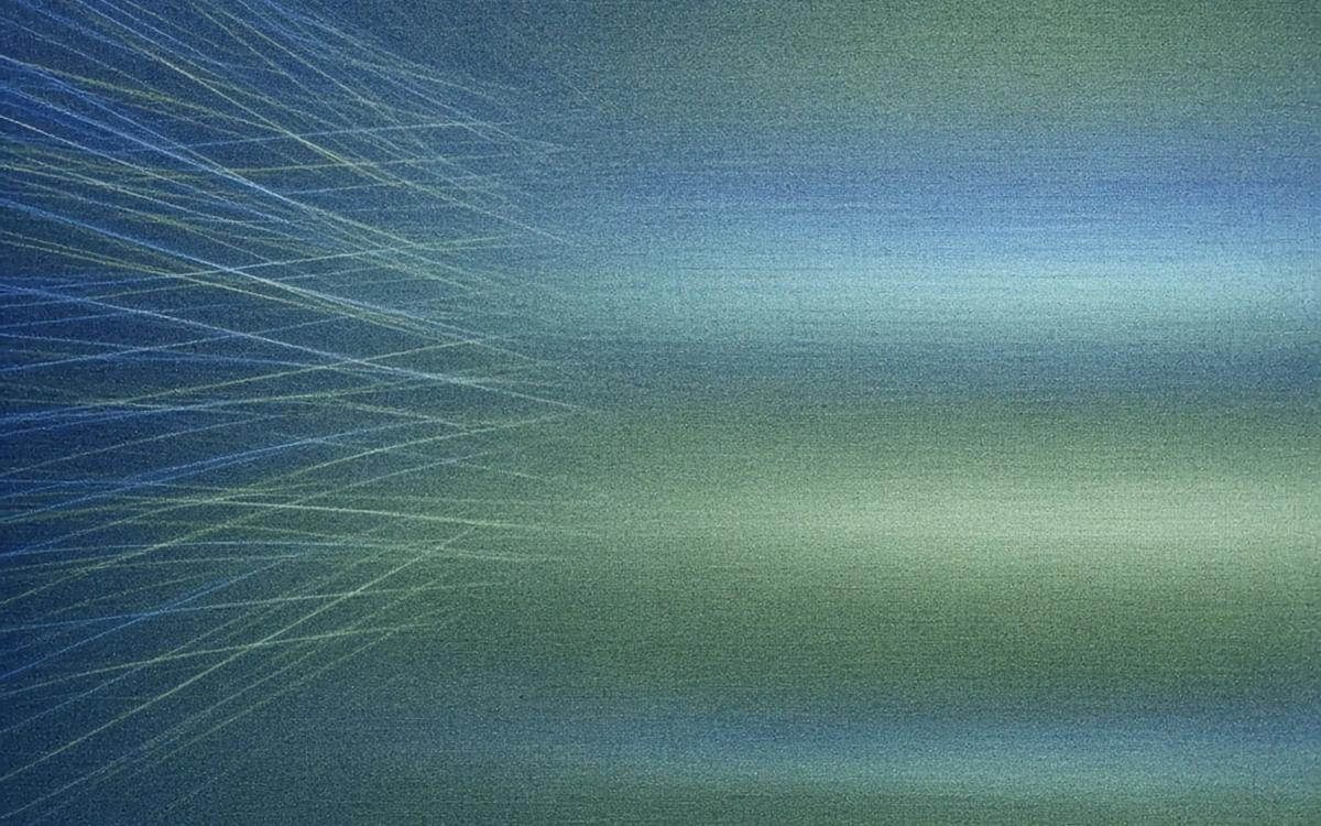 Abstract cover art: fine cobalt and moss strokes entering from the left and converging into three calm bands of light, as scattered open-ends become themes.