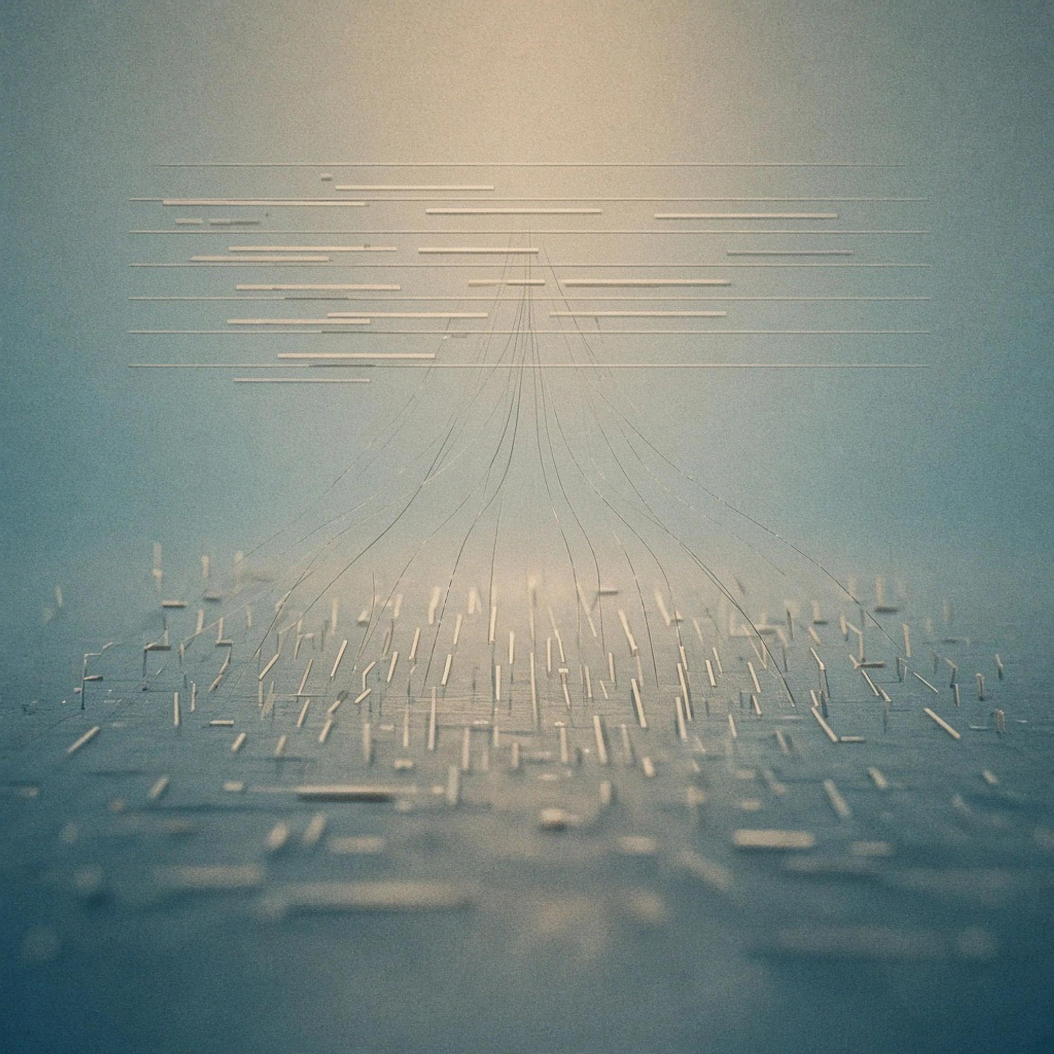 Abstract cover art: a loose field of pale strokes below rising on faint threads into clean stacked rows above, as open-ended responses become codes.