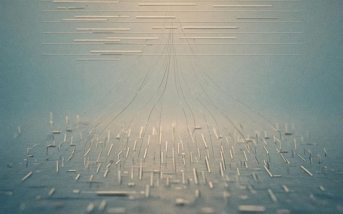 Abstract cover art: a loose field of pale strokes below rising on faint threads into clean stacked rows above, as open-ended responses become codes.