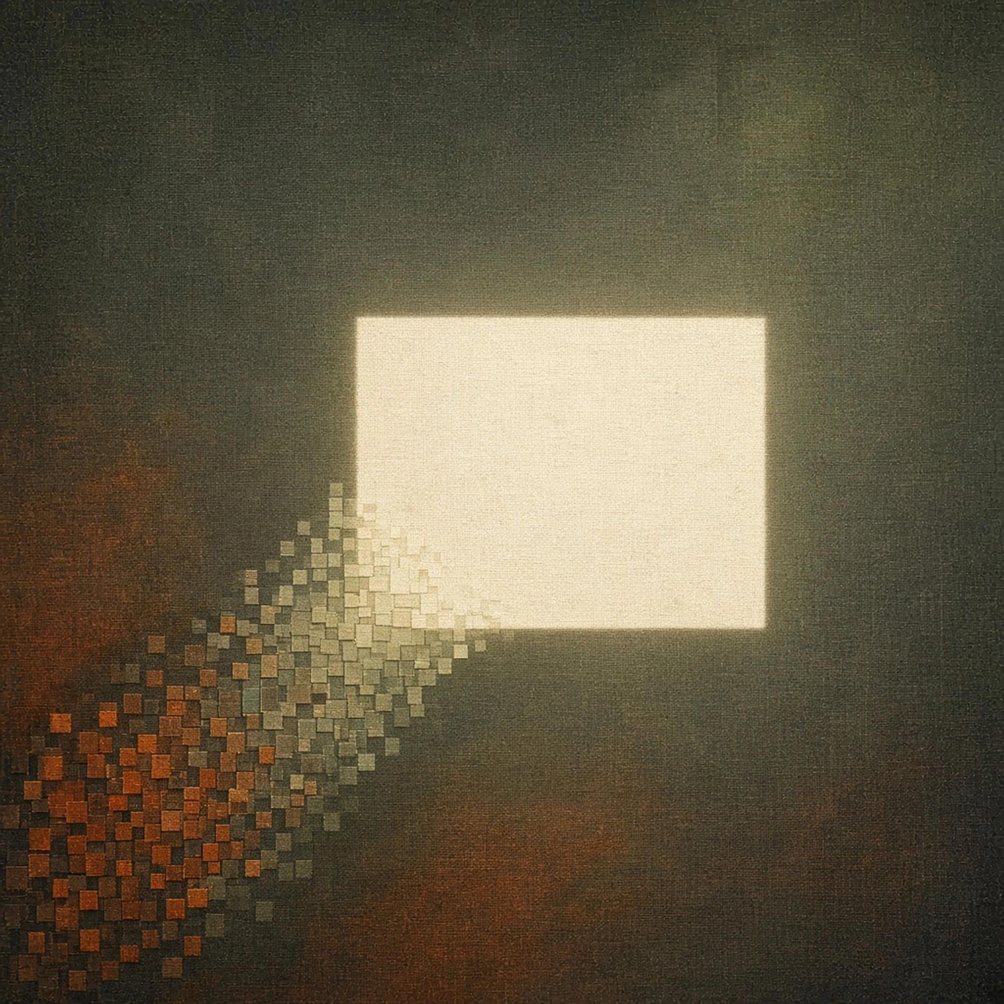 Abstract launch cover art: overlapping burnt-orange and green light in which a dense field of cells resolves into one clean slide-shaped rectangle.