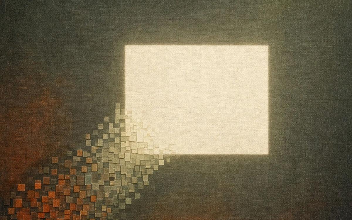 Abstract launch cover art: overlapping burnt-orange and green light in which a dense field of cells resolves into one clean slide-shaped rectangle.