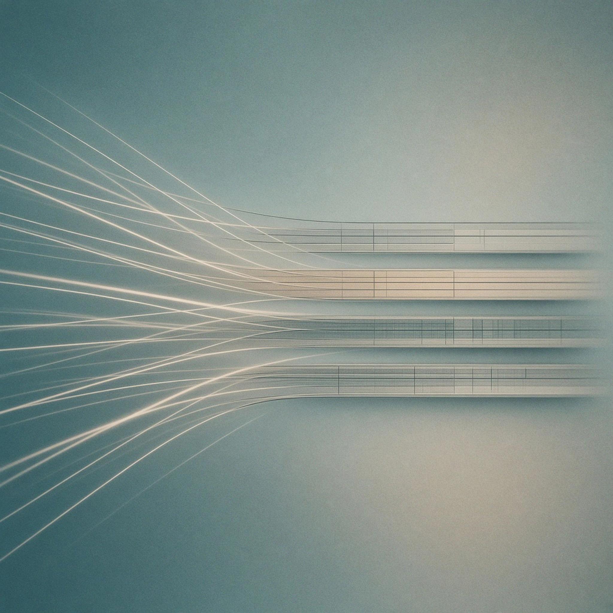 Abstract cover art: many soft streams of light converging into four broad separated bands, each with its own structure, as material becomes themes.