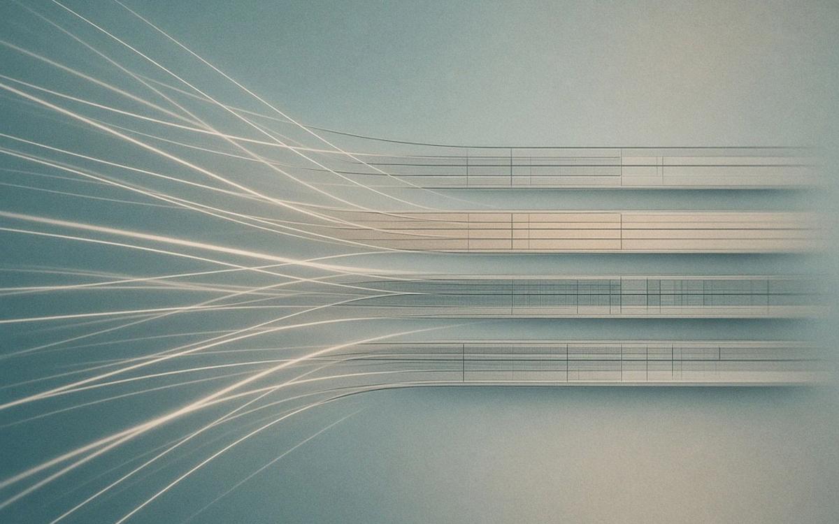 Abstract cover art: many soft streams of light converging into four broad separated bands, each with its own structure, as material becomes themes.